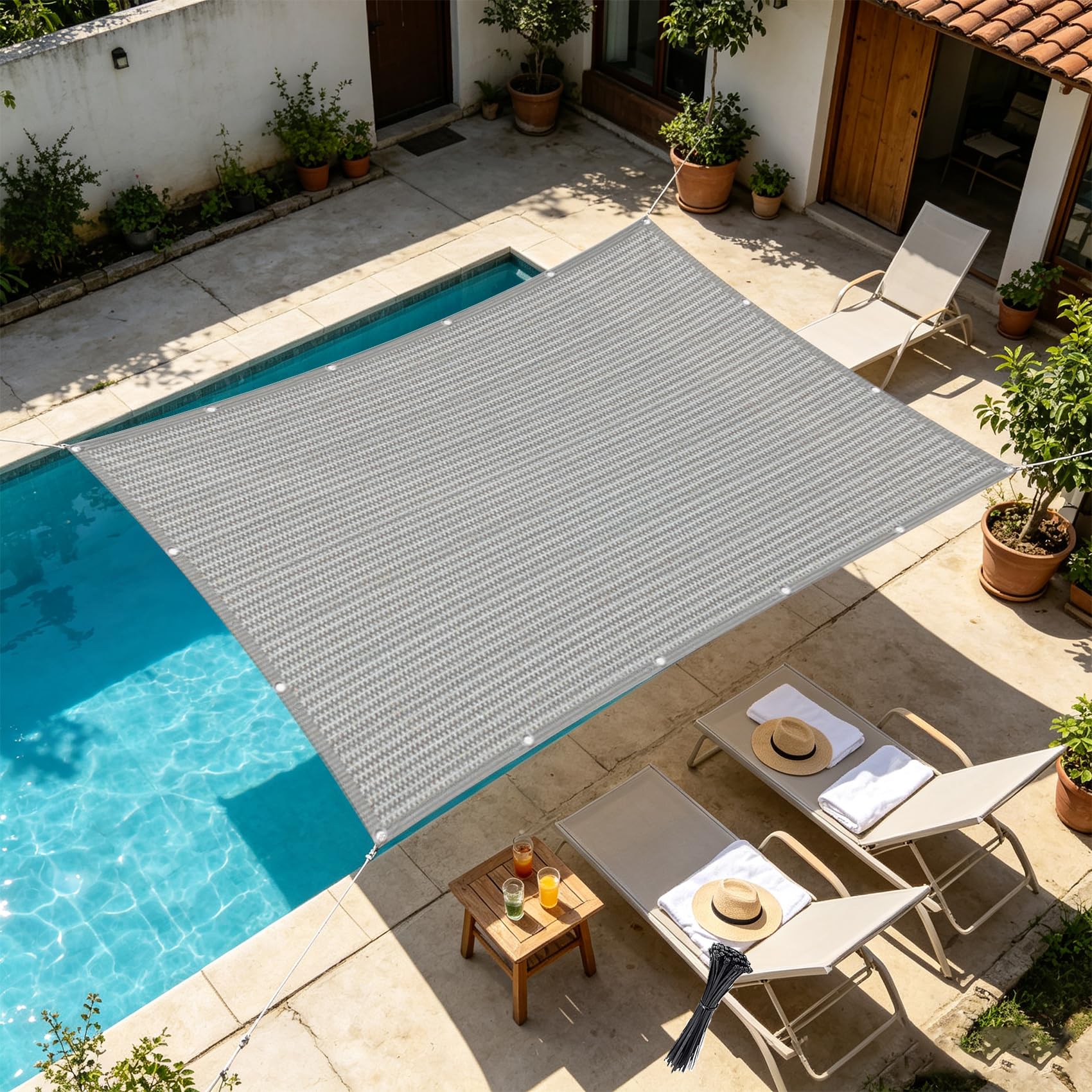 Sonnensegel mit Ösen 4 x 4.2 m 100% Polyester Uv-Beständiges, Wetterfest, Ohne Bohren, Leicht Haltbarkeit, Outdoor Schattierungsnetz Balkon mit Ösen für Balkon Terrasse, Hellgrau