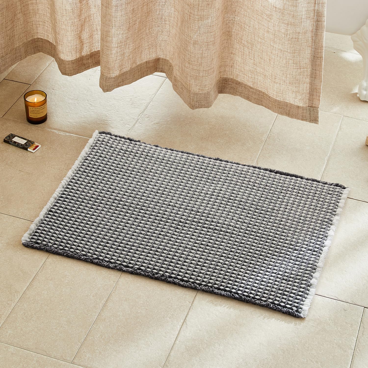 TYUU Waffle Bath Mat, Boho Bathroom Rugs Non Slip, 30x20 Grey &amp; White