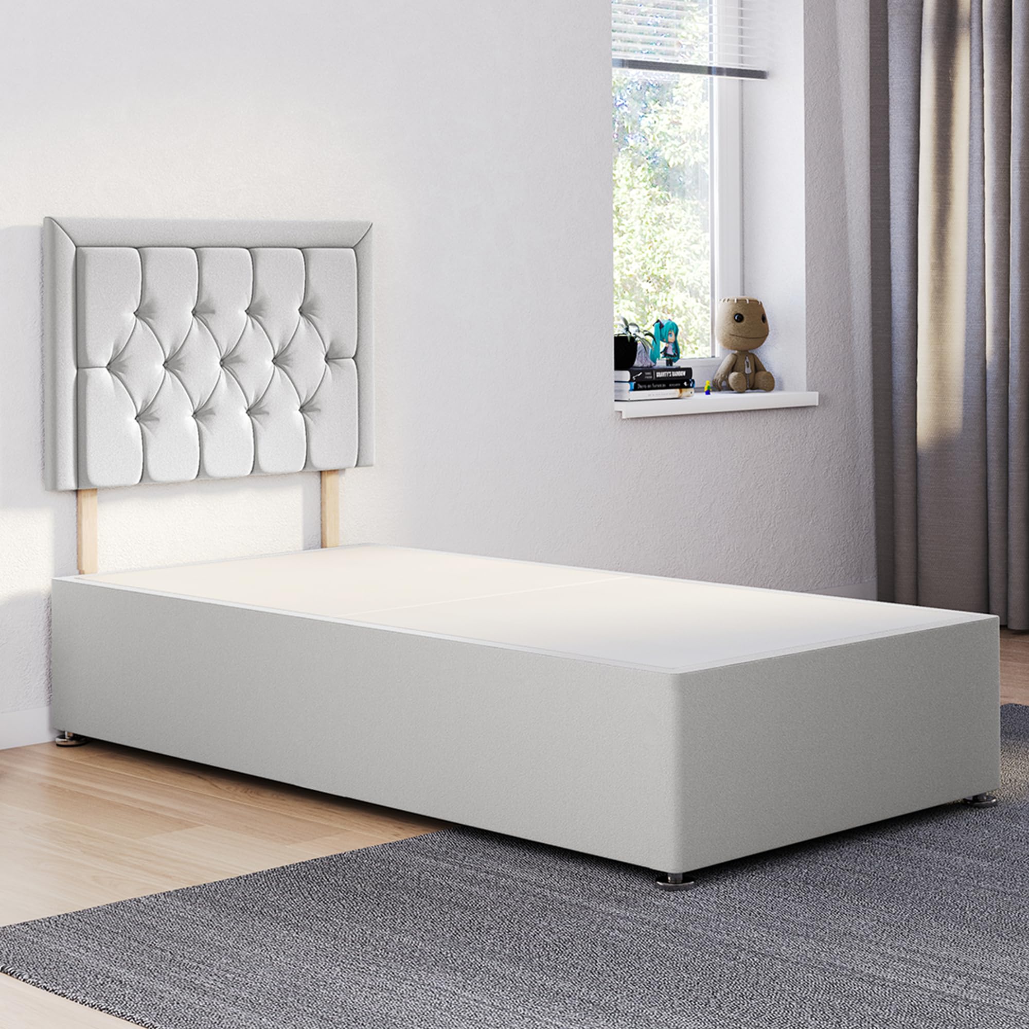 ComfoRest - Modern 3FT Single Divan Bed Base with Sarah Headboard | Practical Frame for Compact Living | Great Fit for Student Areas, Guest Spots or Spare Room – No Mattress, No Drawers (Silver Plush)