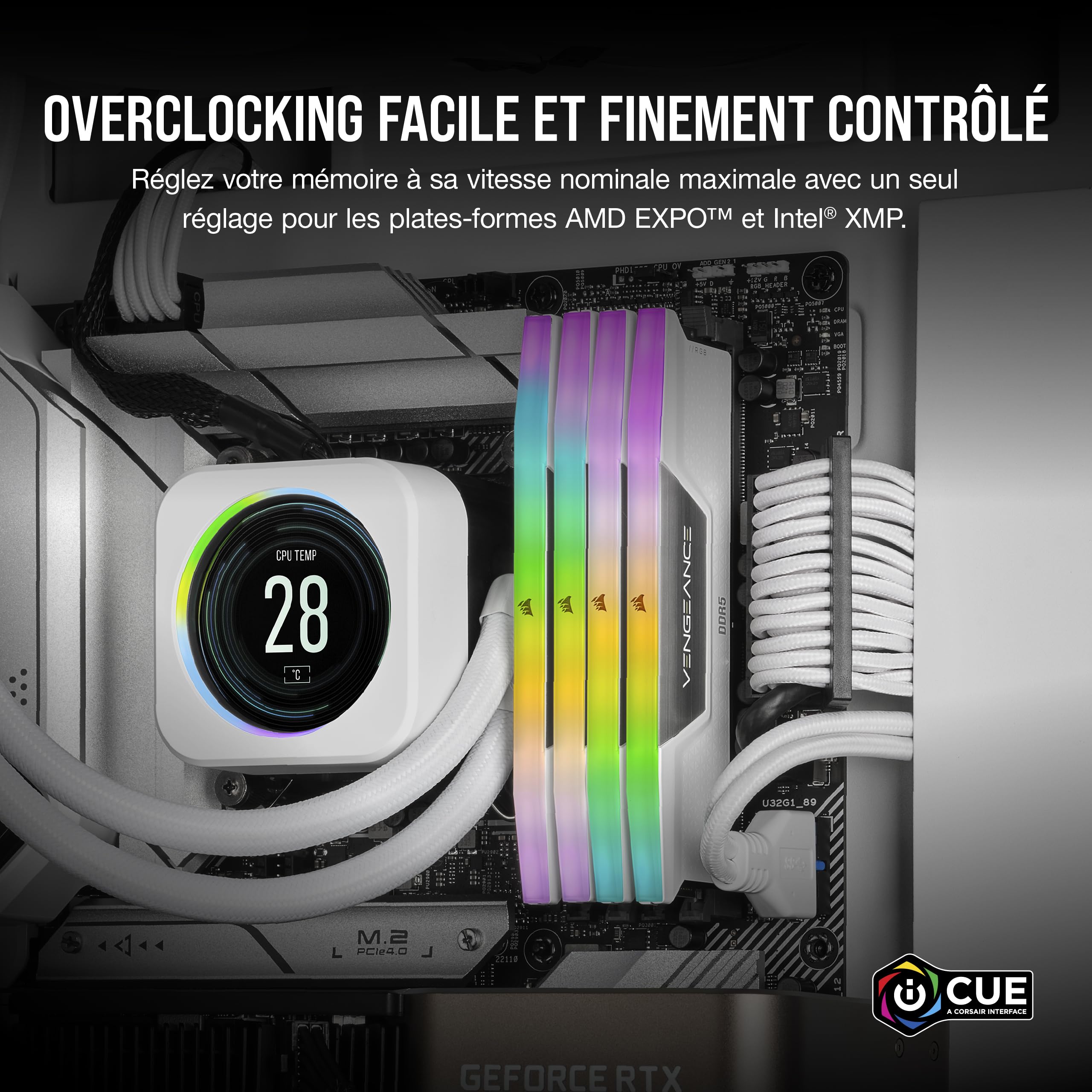 CORSAIR Vengeance RGB DDR5 32Go (2 x 16Go) Jusqu'à 6000MHz AMD Intel RAM | Mémoire pour Ordinateur de Bureau, Compatible AMD EXPO et Intel XMP 3.0, CL36, Blanc, CMH32GX5M2E6000Z36W
