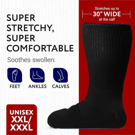 IMPRESA Wide Calf Men's Thermal Wool Socks - Black One Size XXL Knee-High - Extra Wide 30in Stretch Calf for Swollen Feet & Lymphedema