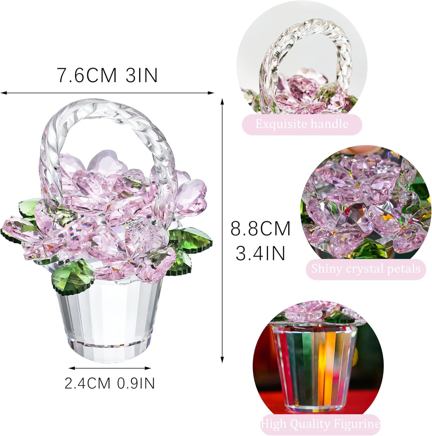H&D HYALINE & DORA Crystal Pink Flower Basket Figurine,Crystal Gifts for Women, Glass Flower Collectible Figurines for Home Wedding Christmas Decor(with 5 Flowers) - Image 5