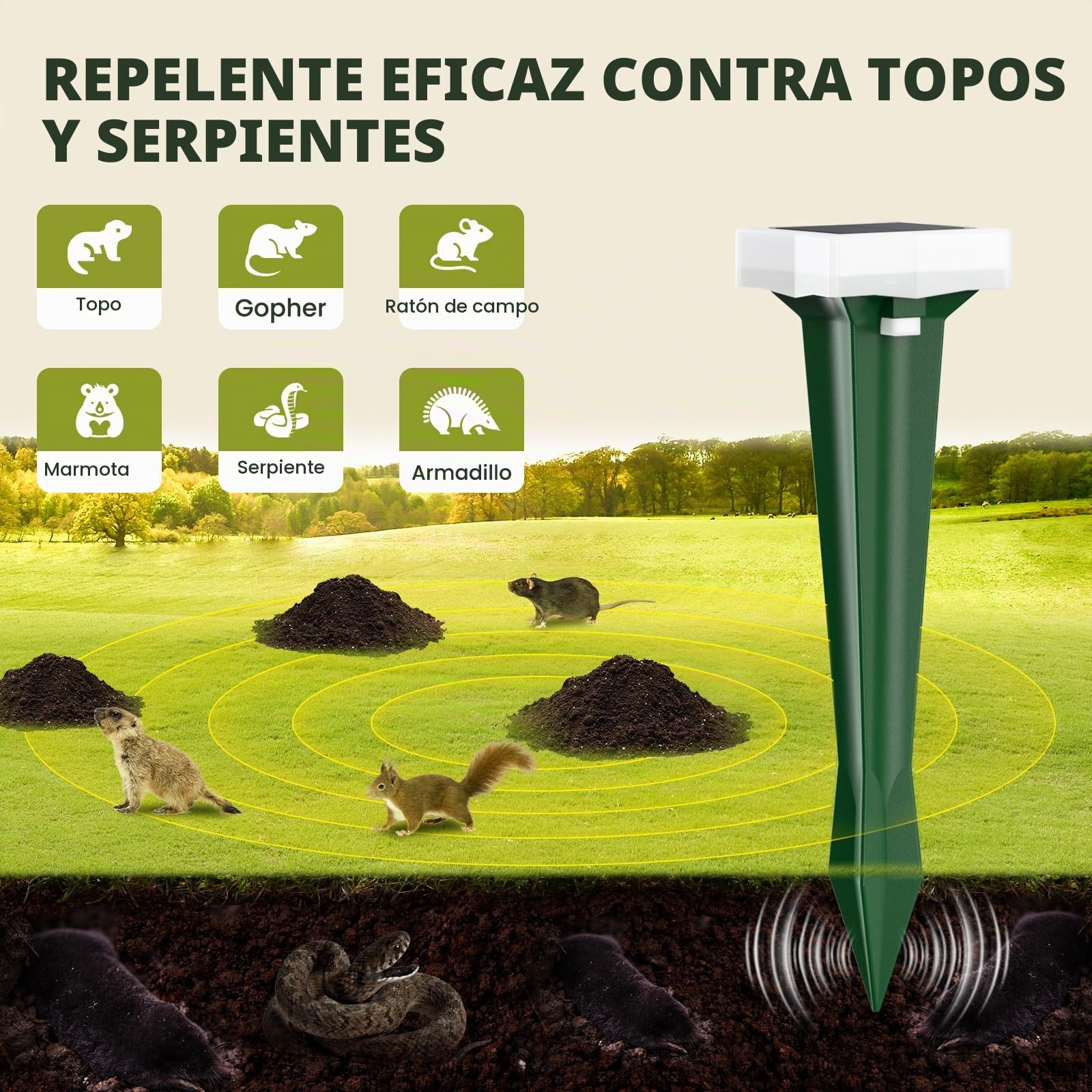 Ahuyentador de Topos, 3 Modos de Vibración Ahuyentador de Ratas con Luz LED, Solar y Impermeable Ultrasónico de Plagas, Topos y Serpientes, per Césped, Patio y Jardín (4, Verde)