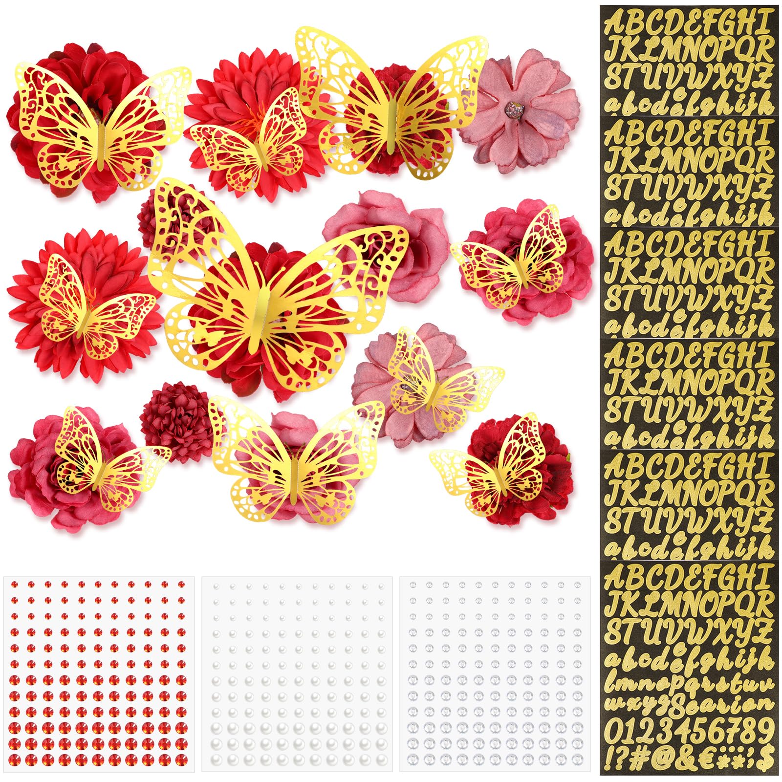 21 Teste Di Fiori Finti Rossi Assortiti + Adesivi Farfalla Per Decorazioni Fai Da Te: Bouquet Da Sposa, Centrotavola, Cappello Laurea - 2