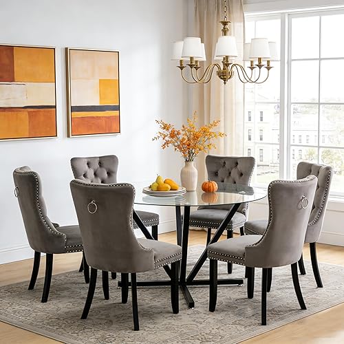 Miniatura 3 de Moderno juego de mesa de comedor de cristal negro de lujo para 6, 7 piezas de 45 pulgadas de vidrio templado redondo de cocina y comedor con patas