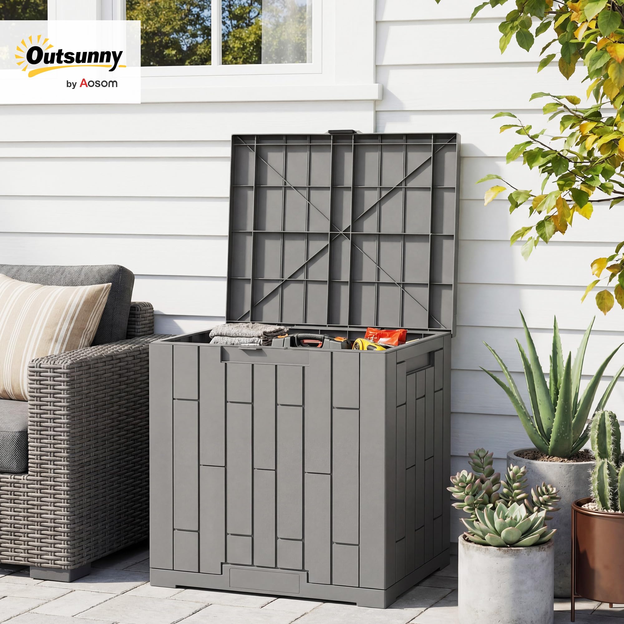 Outsunny Arcón Exterior Capacidad 114L, Baúl de Almacenaje Exterior de Resina Resistente al Agua y a los Rayos UV, con Cerradura para Jardín, Terraza, Patio, 56x44x54 cm, Gris