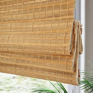 Yin Yang Cordless Blackout Bamboo Roman Shades, Outdoor Natural Woven Wood Shades with 6 Inches High Valance, Custom Room Dakening Bamboo Blinds for Home, Windows, Doors, Camel