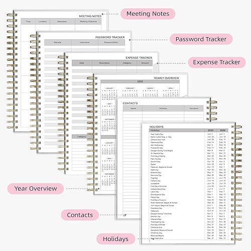 Miniatura 6 de Ospelelf Agenda semanal mensual 2024-2025, 2024, encuadernada en espiral, cubierta de PVC, planificadores de vida con calcomanías, mármol rosa (A5)