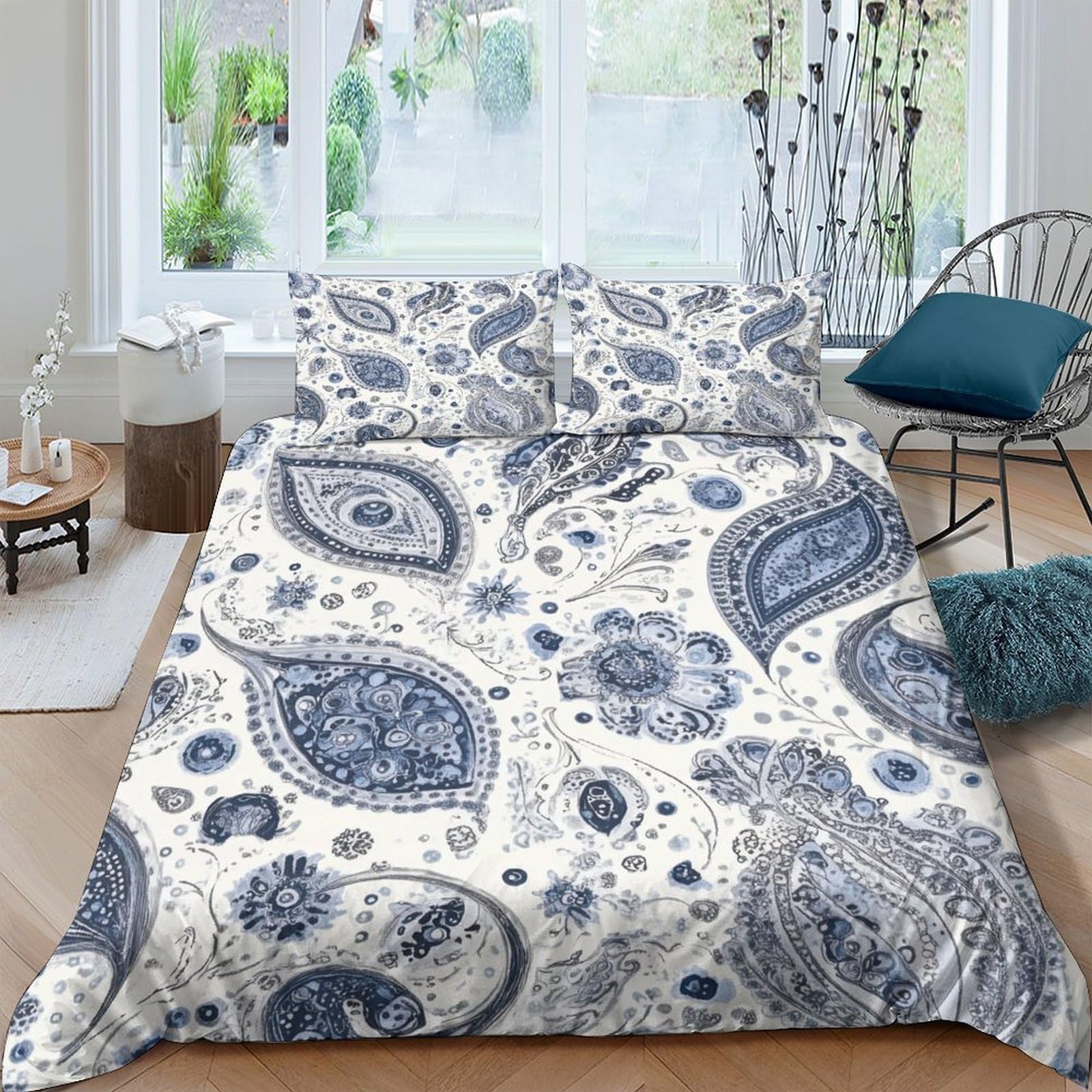 Ctjqhvkz Style-9 3D Printed Blue Paisley Fitted Sheet Microfiber Soft Bedroom Decor Floral Mattress Cover For Adult Teen Room Single（135X200cm）