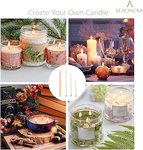 Miniatura 5 de BEADNOVA Juego de mechas de velas, 150 mechas de algodón con 50 soportes de madera, dispositivo de centrado para hacer suministros de bricolaje (4,