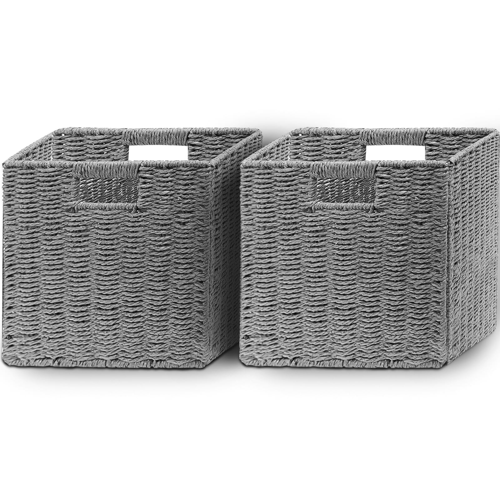 2 Cestas de Almacenaje, Cesta Mimbre Tejidas a Mano Cubo 28CM, Cesta Grande Plegable de Papel de Jacinto de Agua con Asas, Cesto Decorativo para Baño Estanterías Kallax Cocina Gris