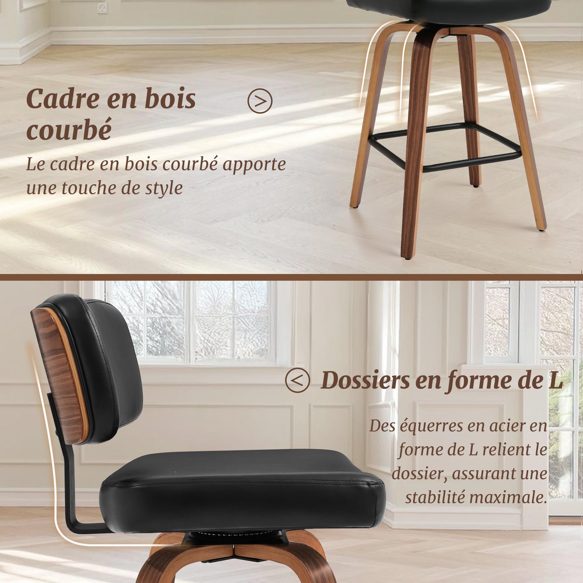 LUE BONA Tabouret Bar Rotatif sur 360°,Tabourets de Bar Lot de 2,Chaises de Bar avec Matelassé Simili Cuir,Hauteur 67 cm,Tabouret Bar Bois avec Dossier et Repose-Pieds,pour Cuisine,Bar,Noir