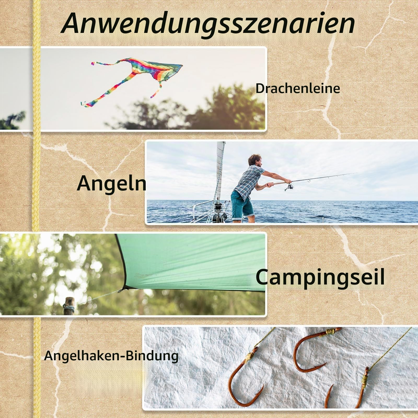 NewDoar Abriebfeste Geflochtene Kevlar-Schnüre 1,5 mm 50Fuß/120Fuß/200Fuß, 12-strängige Schnur Hochfest Verschleißfest Flammhemmend Geeignet für Camping Drachenschnur Angeln EDC-Schnüre