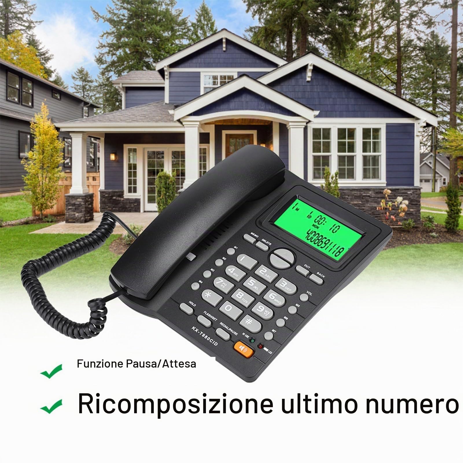 Telefono Fisso con Cavo, KX-T880C Telefono Fisso da Tavolo Senza Batteria Funzione di Visualizzazione 'ID Chiamante Muto Telefono Cablato Portatile per Casa, Hotel, Ufficio, Chiamate(Nero)