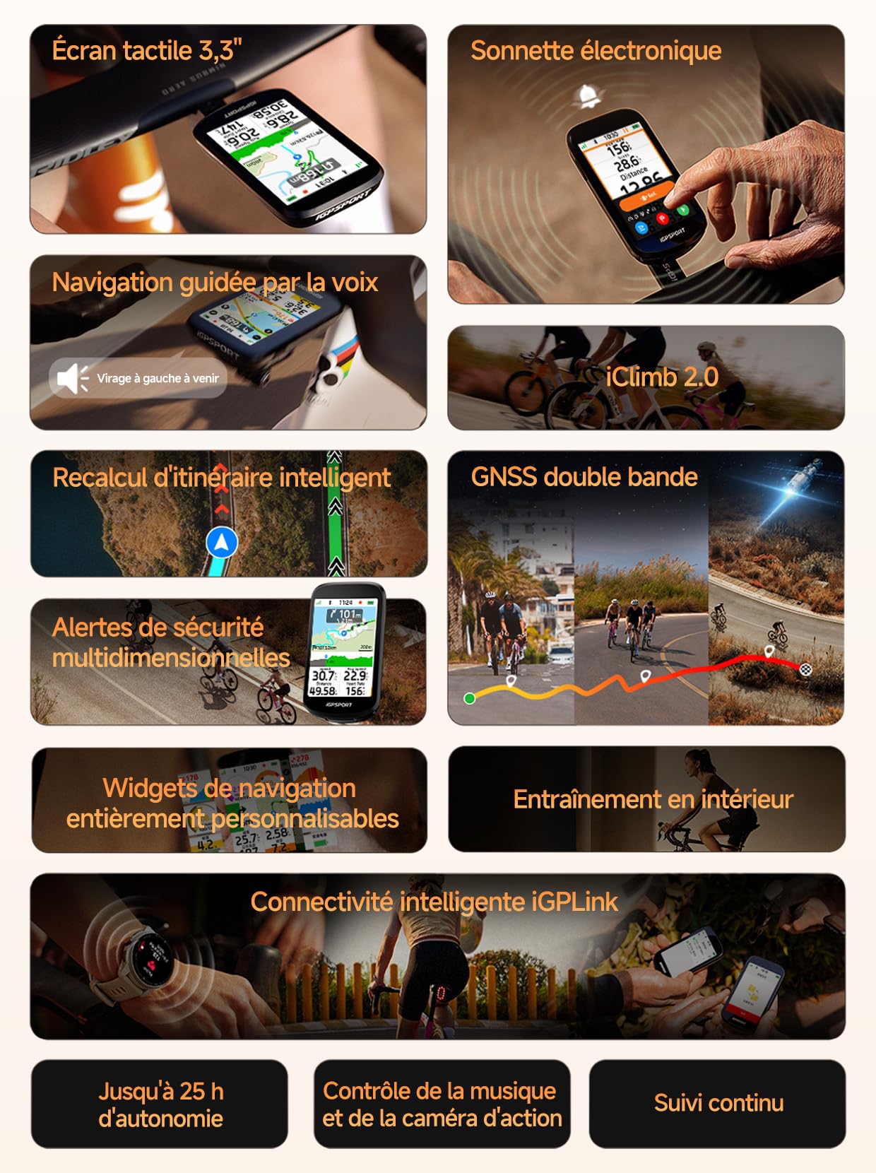 iGPSPORT BSC500 Compteur Velo sans Fil, 3,3" Grand Écran Tactile Navigation Vocale Sonnette Électronique Mode, d’Entraînement en Montée, 32 Go Compteur Velo GPS