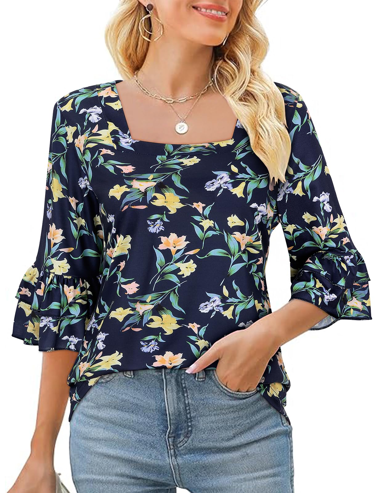 LuraneeWomens Square Neck 3/4 Bell Sleeve Tops Tiered Ruffle Sleeve Summer Shirts Dressy Business Casual Loose Tunic Blouse