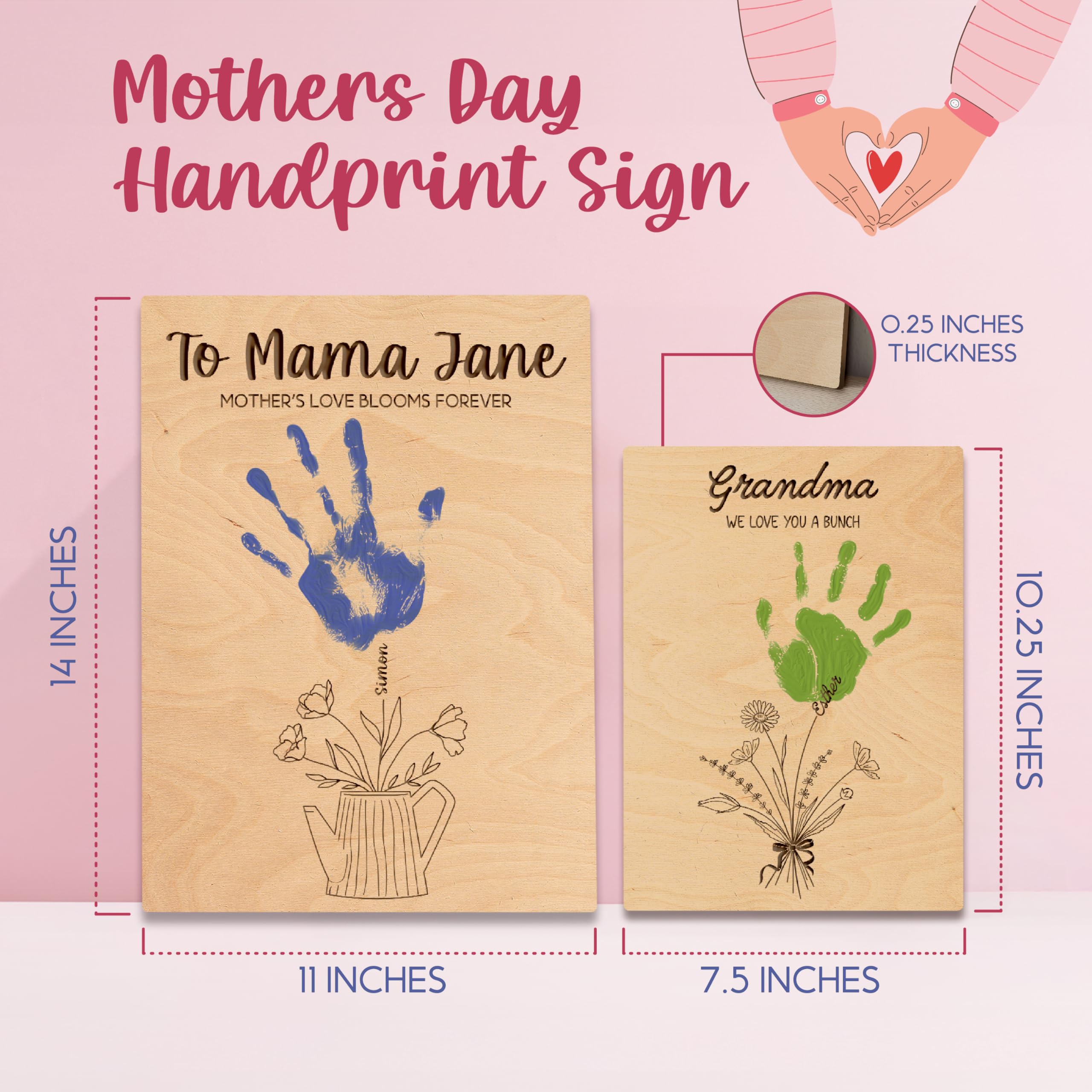 Personalized Mother's Day Handprint Sign - DIY Handprints Floral Plaque with Custom Names - 3 Sizes, Ideal Gift for Moms and Grandmas - 3 Handprints