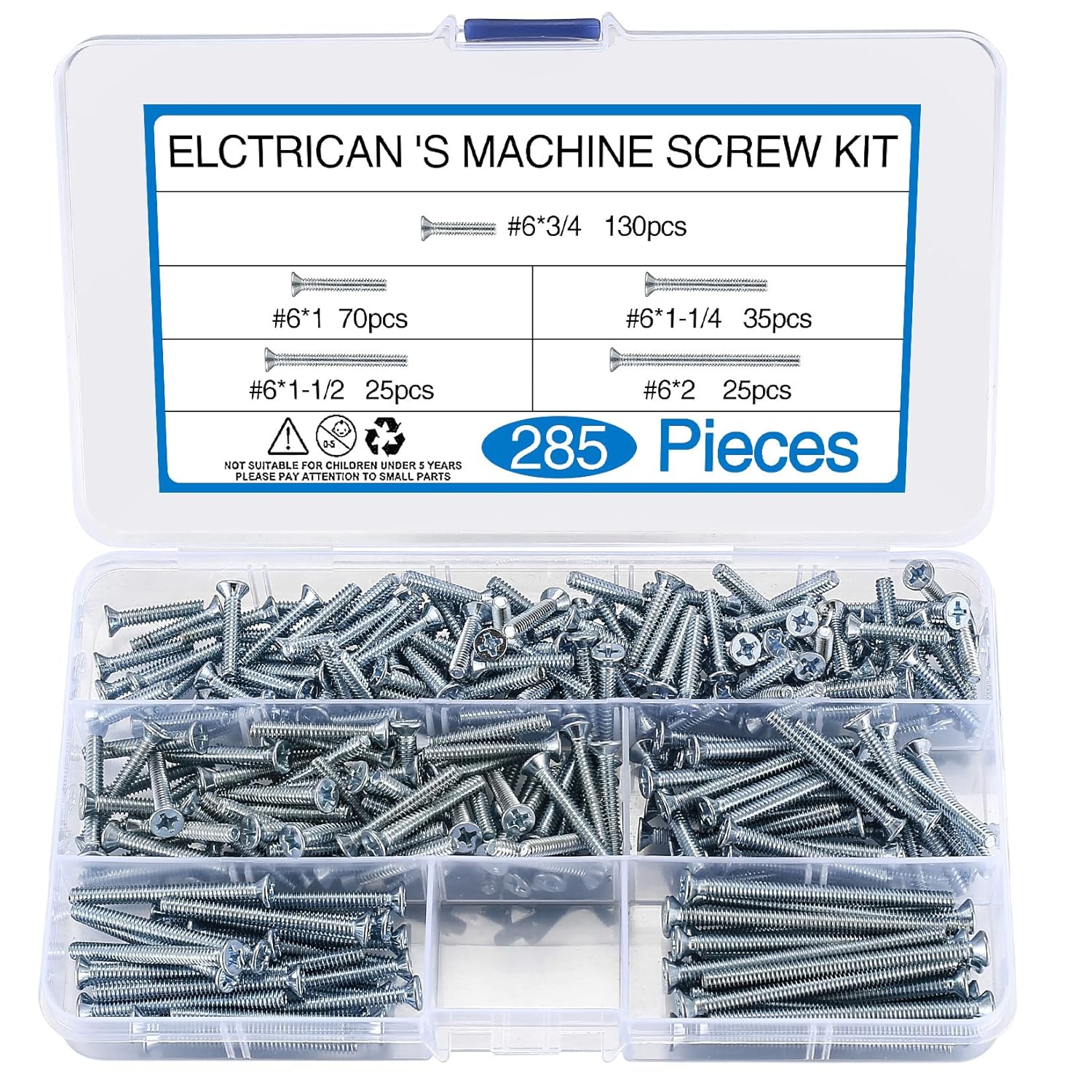 285 Pcs M6 Countersunk Head Cross Head Machine Screws Bolts, 304