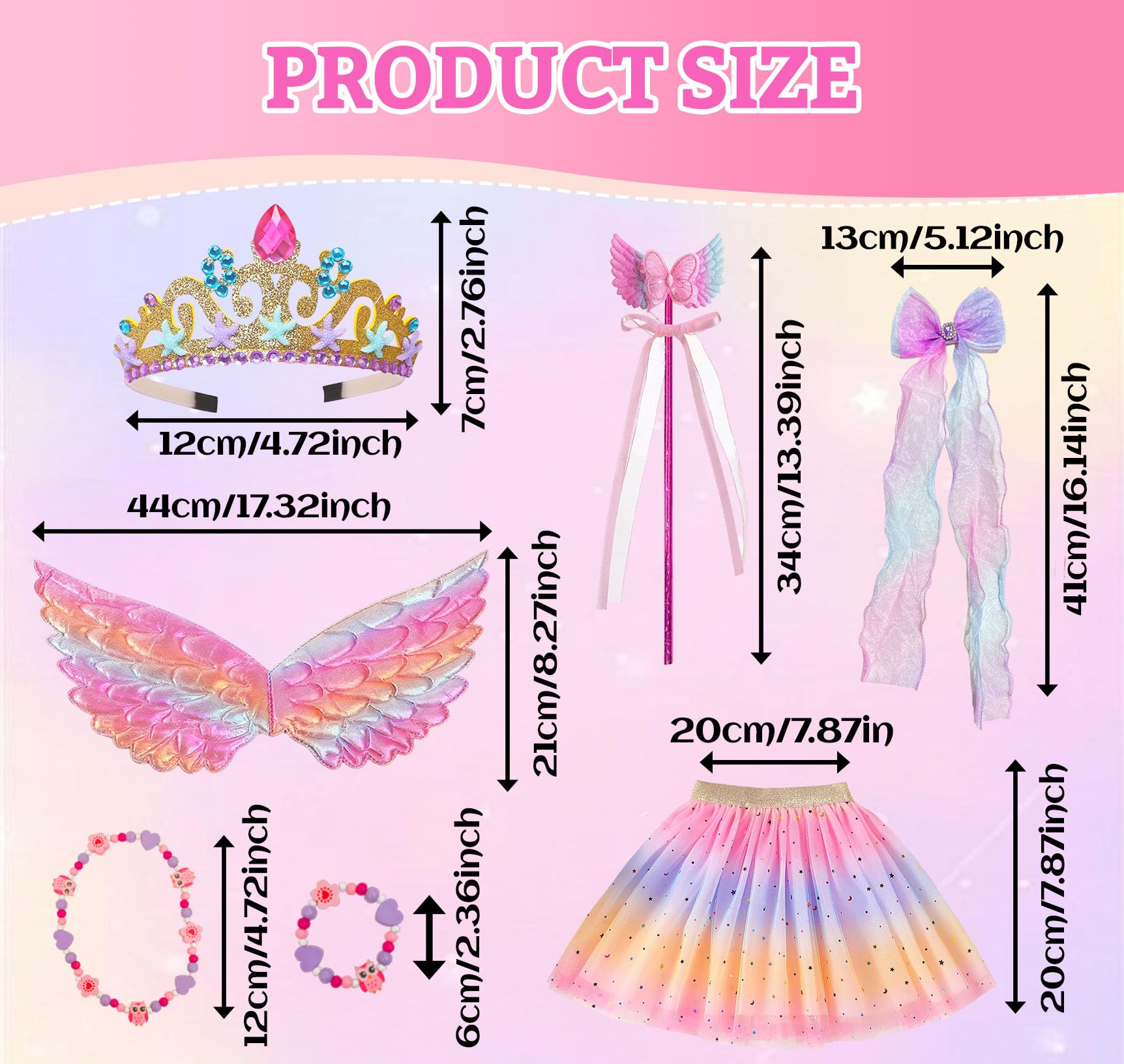 7 Pcs Fairy Costume for Girls Butterfly Fairy Wings Kids Party Dress Up Kit with Crown Headband Skirt Magic Wand Necklace Bracelet Hair Clip Kids Angel Princess Outfit for Parties and Role Play - Image 2