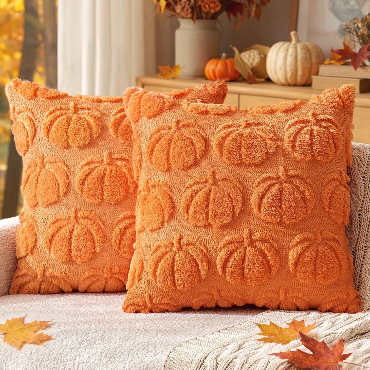 MIULEE 2 Pack Fall Cushion Covers 40x40 Autumn Pumpkin Cushions Orange