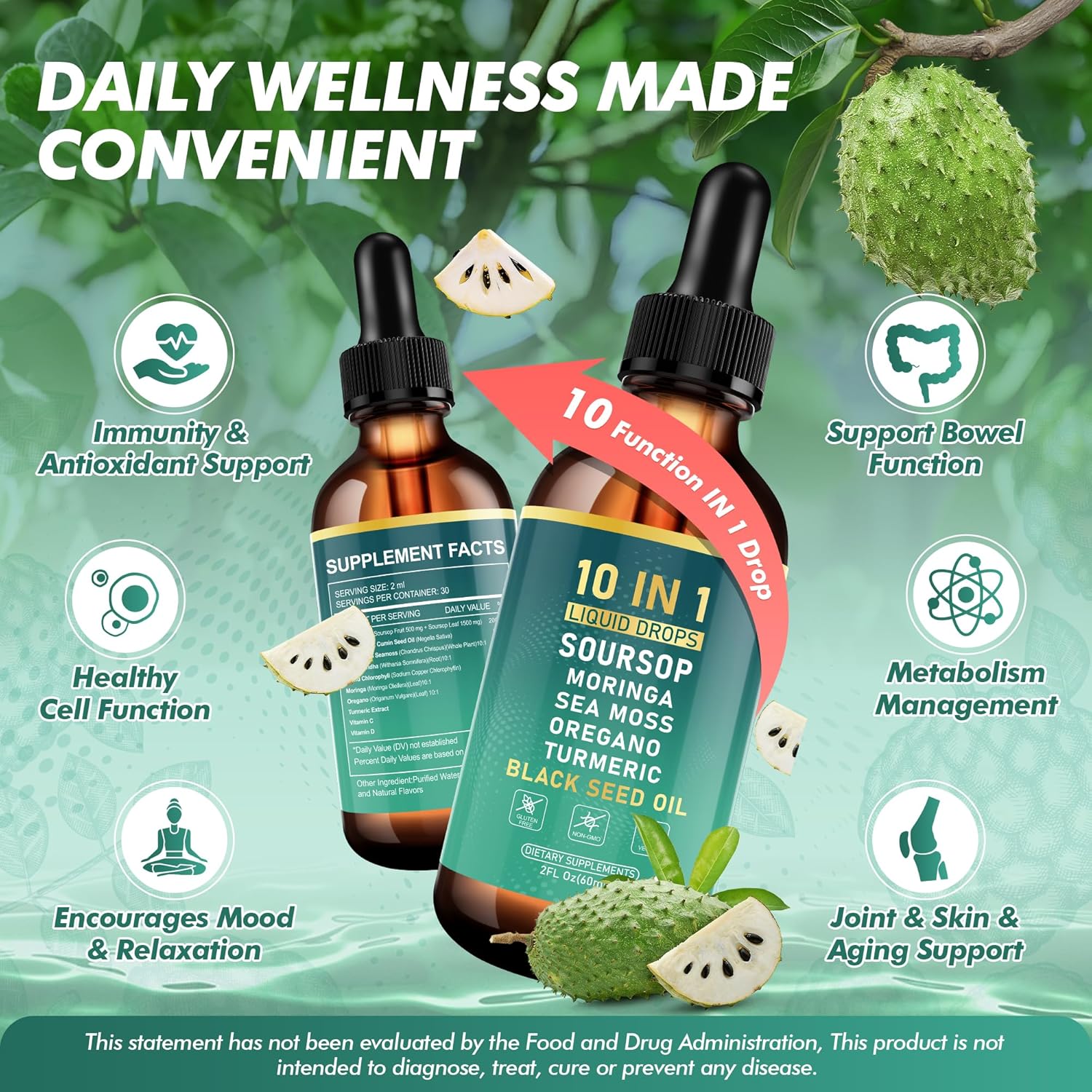 Soursop Bitters Liquid Drops, Bitter Herbs with Soursop Extract, Ashwagandha, Sea Moss & Black Seed Oil, Formulated for Immune Wellness, Antioxidant Support & Healthy Digestion, 2 FL Oz