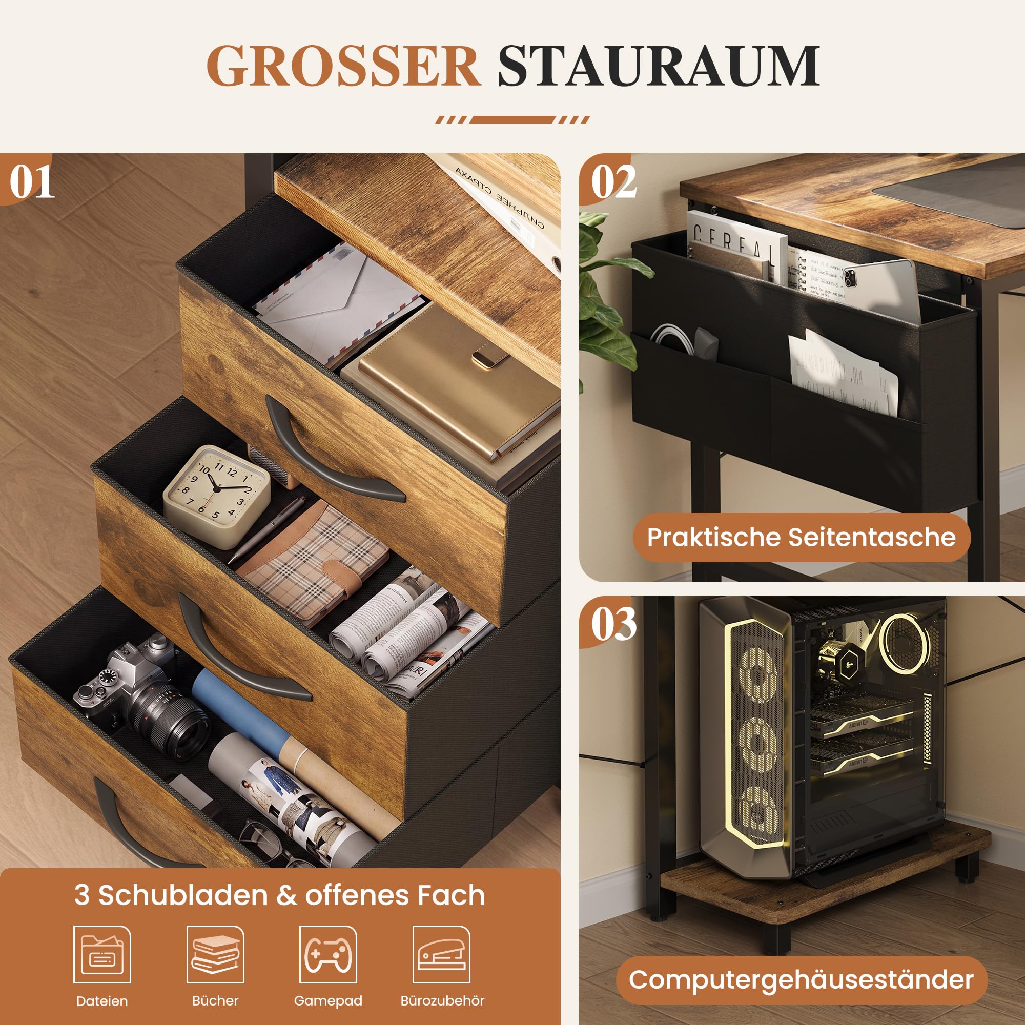 YOUDENOVA L Form Schreibtisch Reversibel, Gaming Tisch mit LED, Steckdosen & USB, Eckschreibtisch mit Regal & Lochwand, 3 Schubladen Computertisch für Büro Wohnzimmer Homeoffice Gaming 135x100 Braun