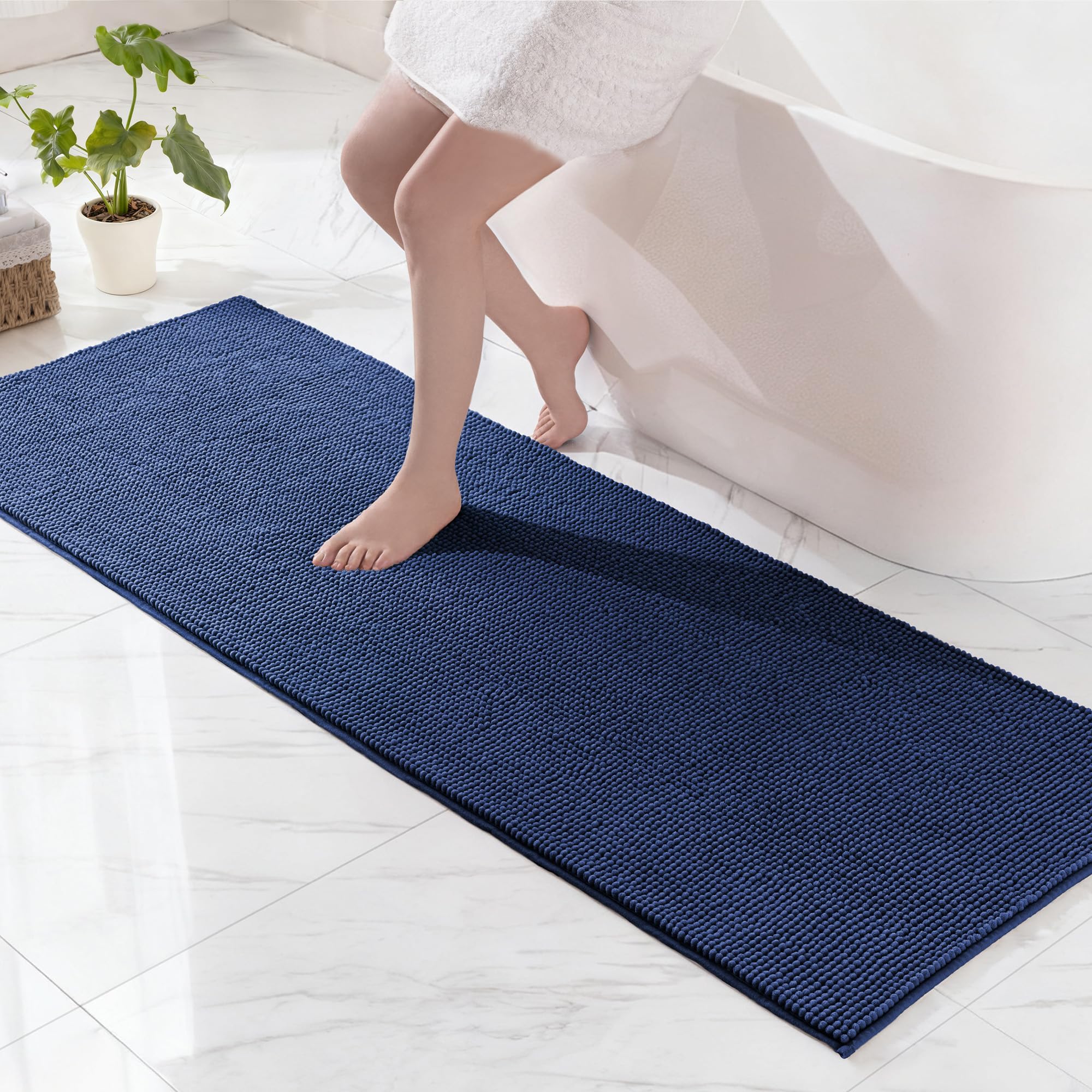 Exclusivo Mezcla Chenille Bath Mat 60 x 180 cm, Extra Soft Non-Slip Absorbent Bathroom Mat, Machine Washable Quick Dry Bath Rugs for Bathroom Floor, Shower, Home Decor, Navy Blue