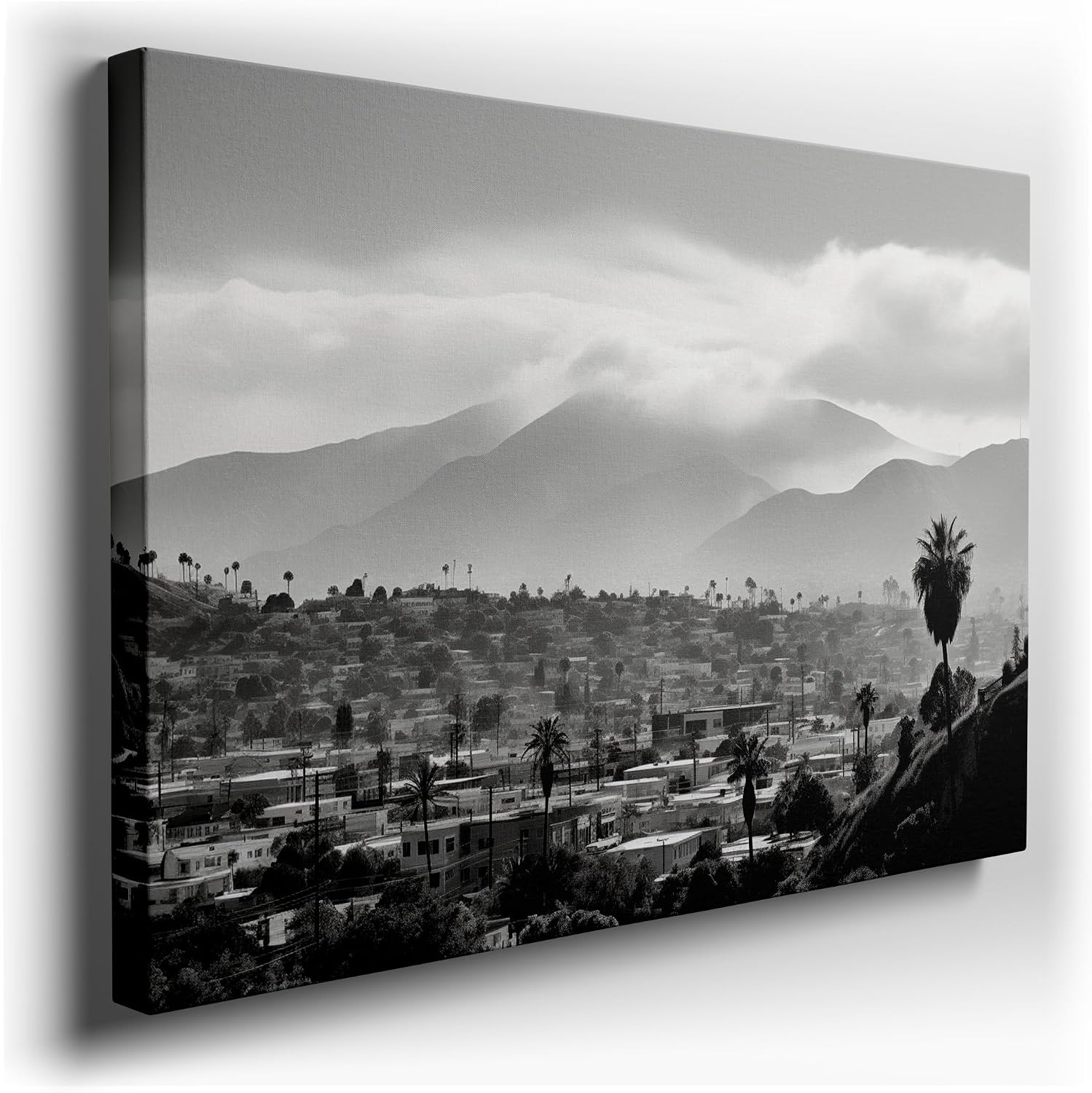 Canvas for Living room. Mystic Peaks and Palm-Lined Streets - Urban Tranquility Meets Nature's Embrace, 27 x 18 inch Canvas Wall Art - Ready to Hang