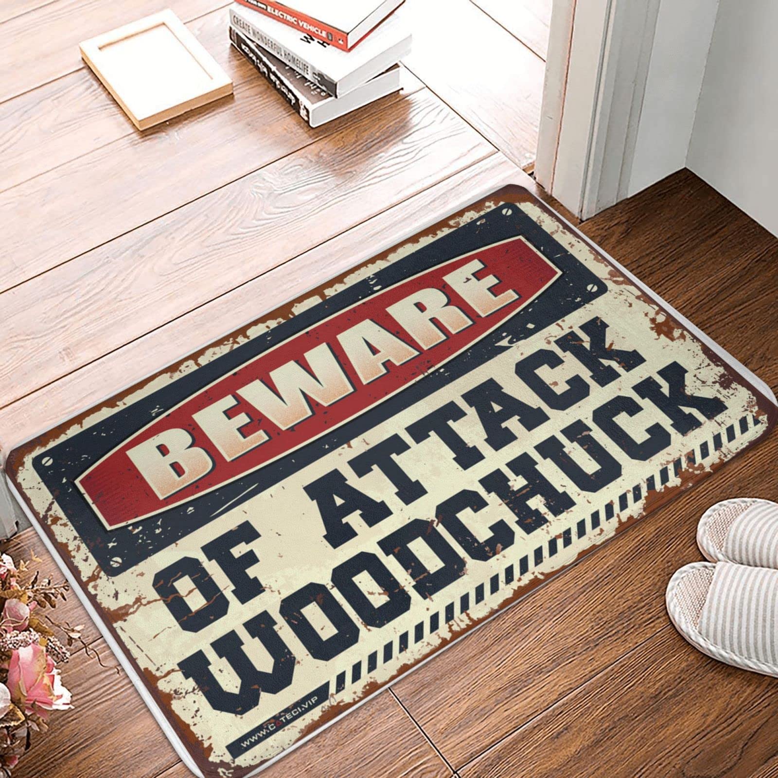 Dsoluuing Felpudo para exteriores con texto en inglés "Beware of Attack", felpudo de bienvenida de verano, felpudo de entrada al aire libre (tamaño: 65 x 90 cm)