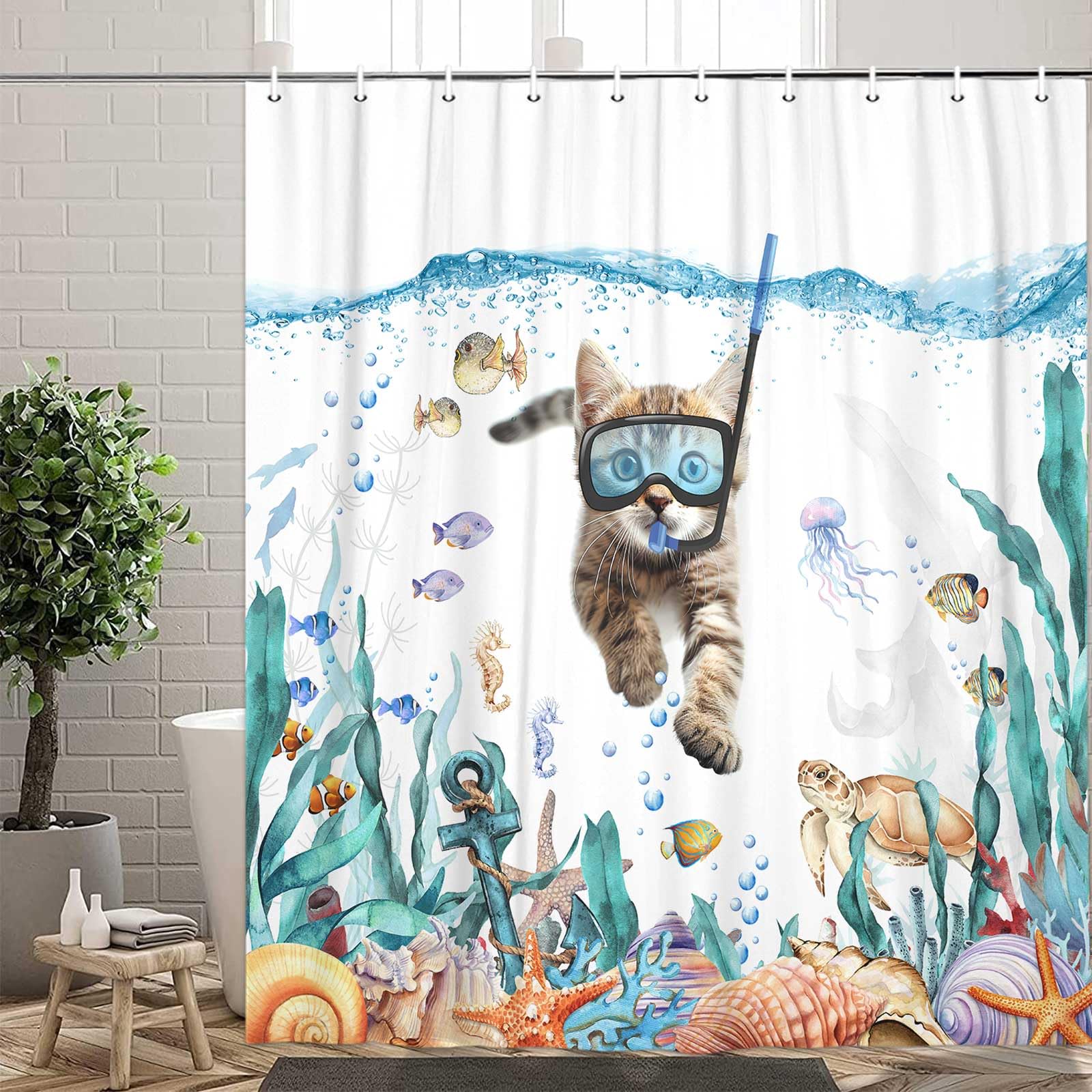 MCKTOM Funny Cat Shower Curtain, Teal Blue Ocean Sea Turtle Starfish Tropical Fish Fabric Bath Curtains, Kids Bathroom Nautical Decor Waterproof with