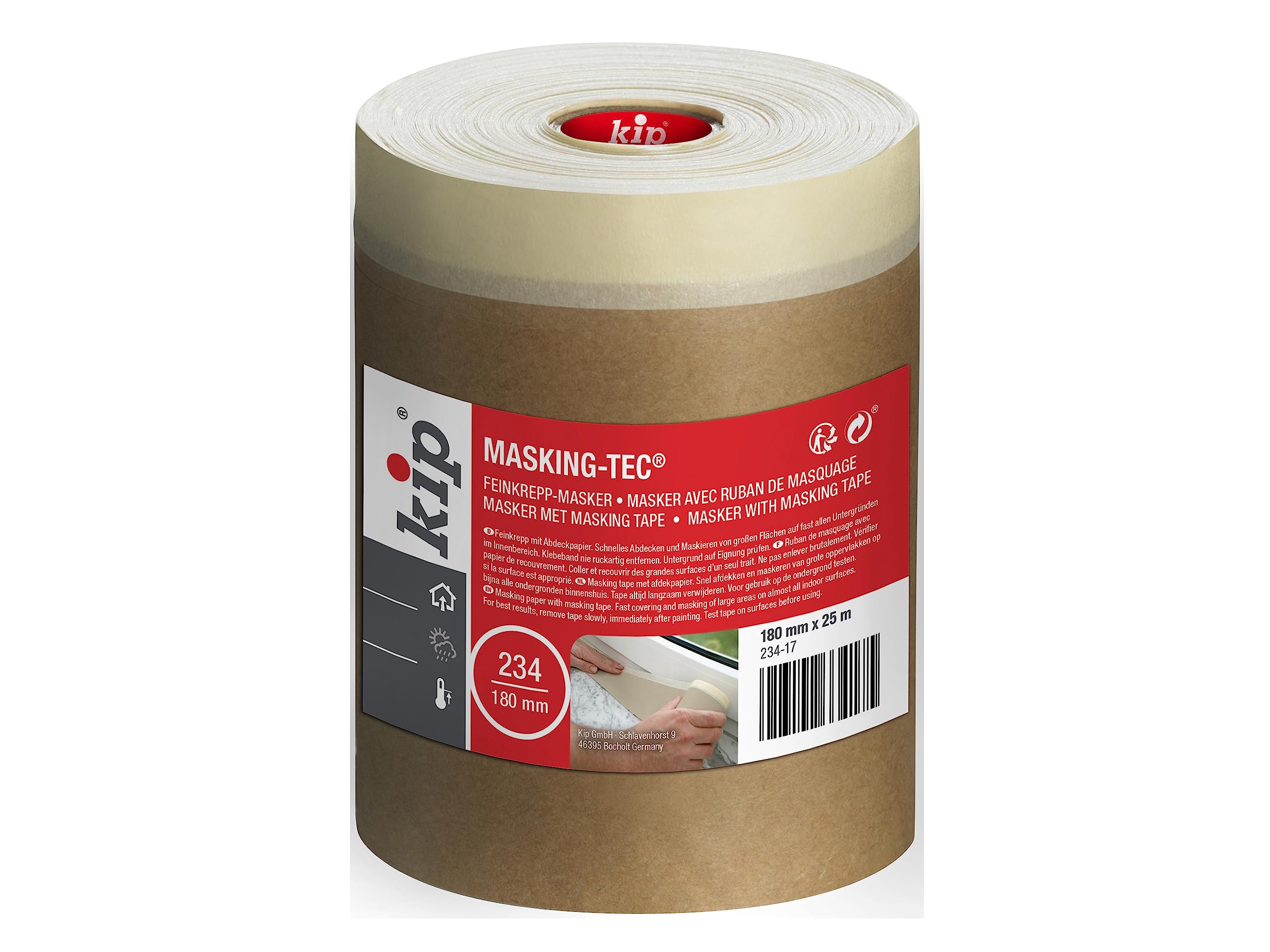 Kip Drop Cloths Pre-Taped Paper Painters Masking Film 180MM x 25M, Masker Masking Tape with Sheet, Drape for Spraying, Covering, Suitable for Decorating, Automotive, Windows Dust & Surface Protection