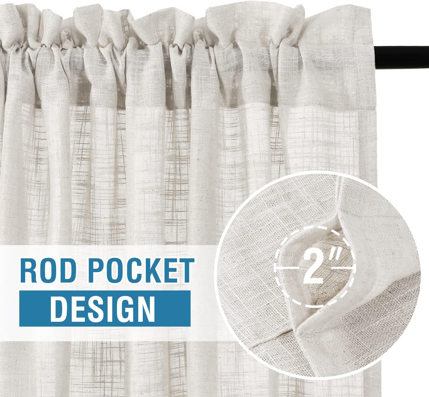 H.VERSAILTEX Linen Curtains - 84 Inch Long, Natural Linen Blended, Burlap Textured, Light Filtering, Rod Pocket, Bedroom & Living Room Curtains - 2 Panel Sets, Off White