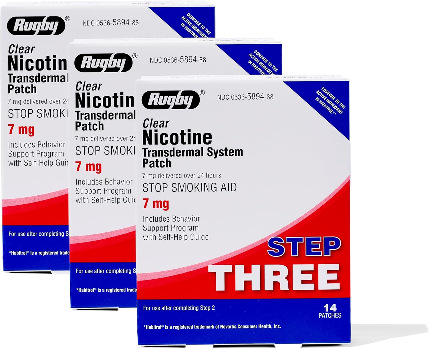 Rugby Clear Nicotine Patches - 7mg Transdermal System Patch - Smoking or Vaping Quitting Aid - Step 3 - (1 Pack)