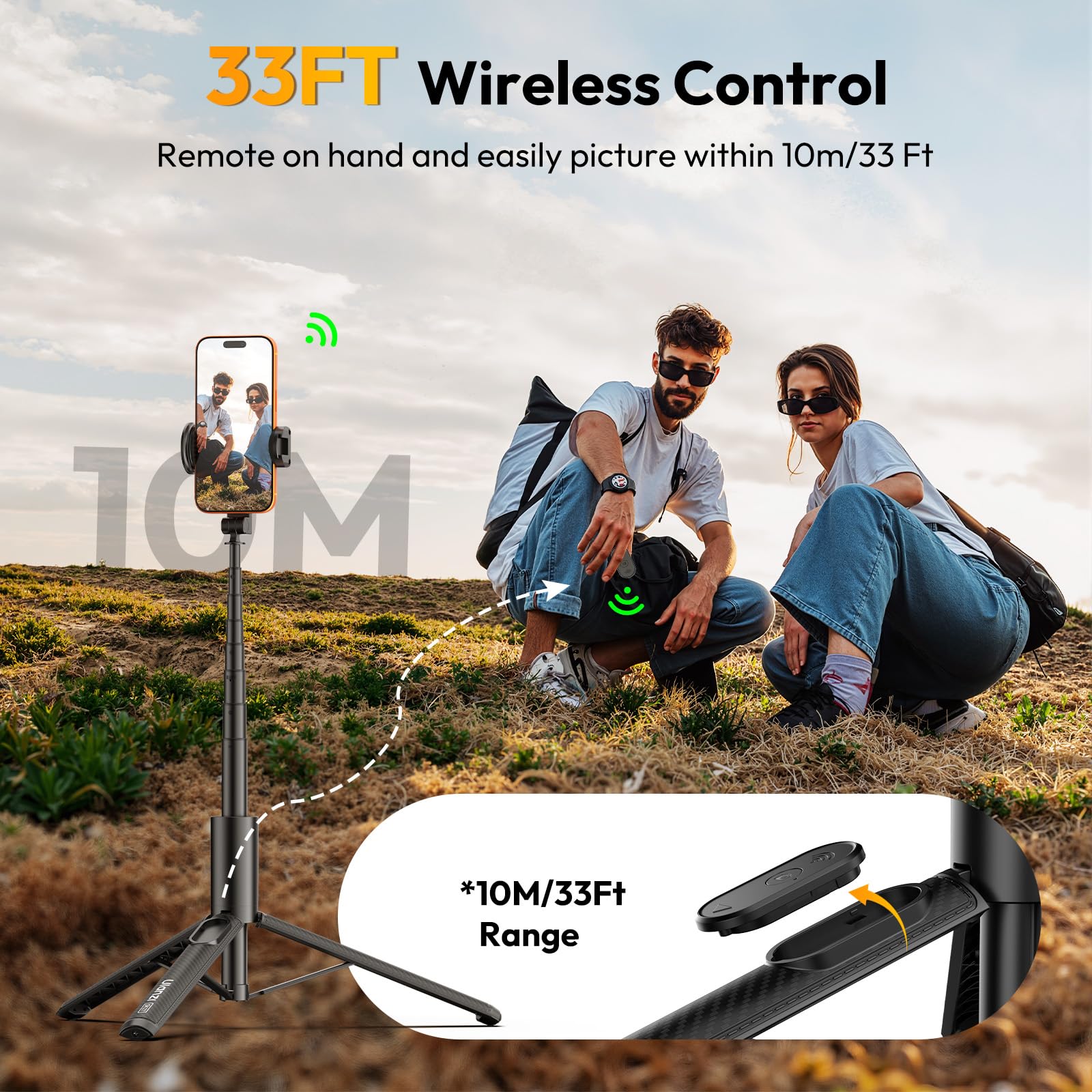 ULANZI SK27 Trepiede per cellulari 154 cm con Clip Smartphone 56-92 mm, Telecomando 10 m, Testa a sfera360°, 8 Sezioni Alluminio, Asta per selfie per iPhone/Samsung/Huawei, Vlog, Live Streaming