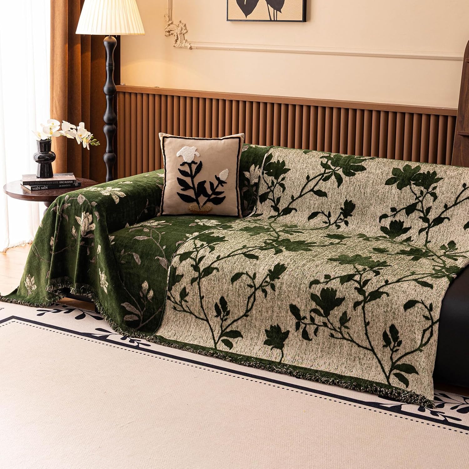 STACYPIK Vintage Garden Floral Couch Cover Chenille Jacquard Green Sofa Cover Textured Botanical Couch Cover for 2 Cushion Couch Dog Non-slip Loveseat Futon Sofa Cover Versatile Throw Blanket-71X118IN