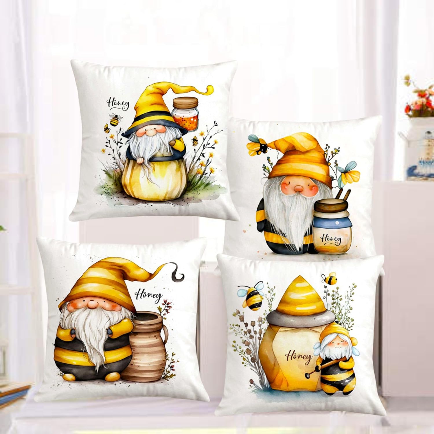 4 Cushion Covers 45 x 45 cm – Modern Decorative Cushion Covers, Soft Touch, Invisible Zip, Cushion Bed, Sofa Car, Pillows, Home Decoration (Honey)