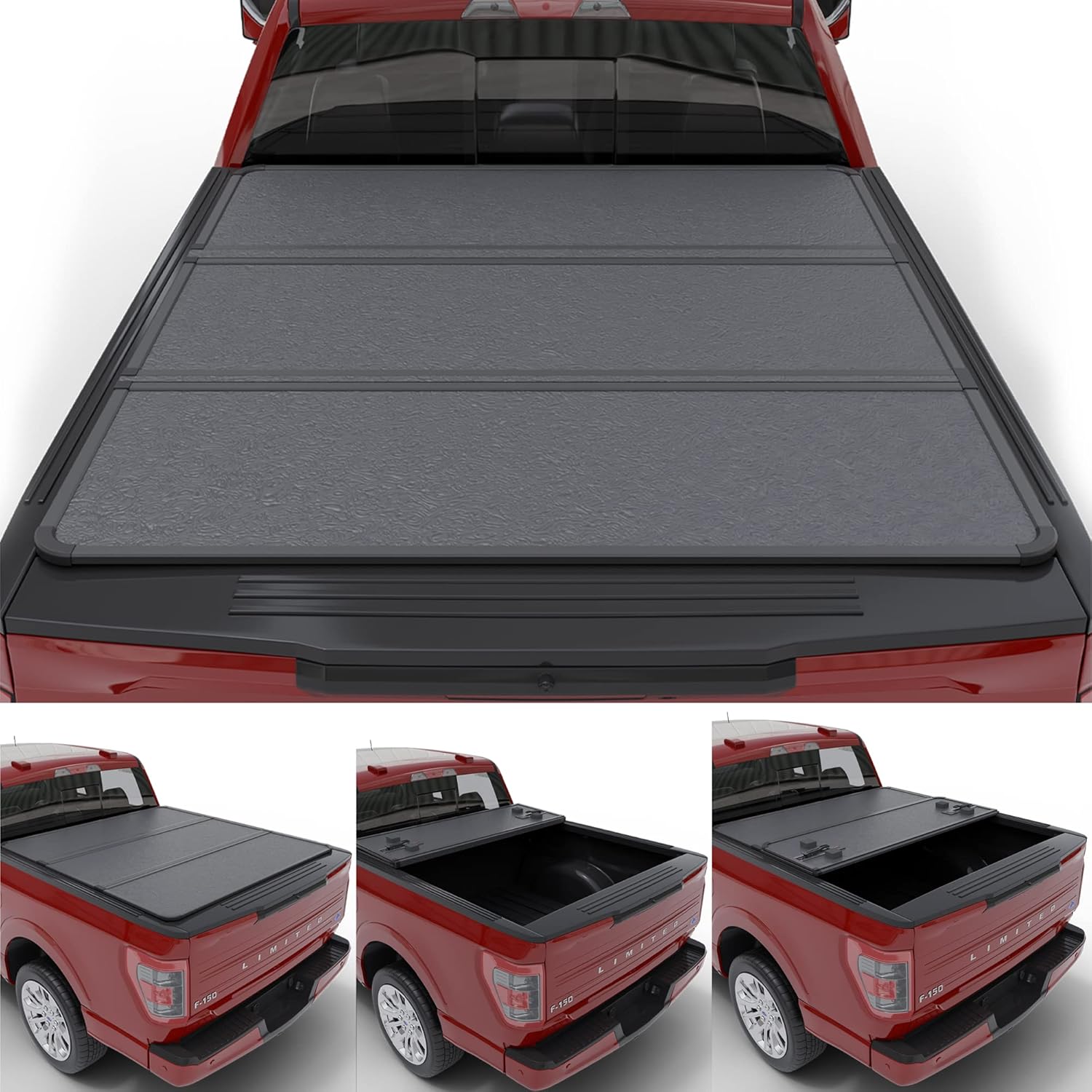 Hard Folding Truck Bed Tonneau Cover Compatible with 2015-2024 Ford F150 | F150 Lightning 5' 5" Bed, Tri-Fold Style