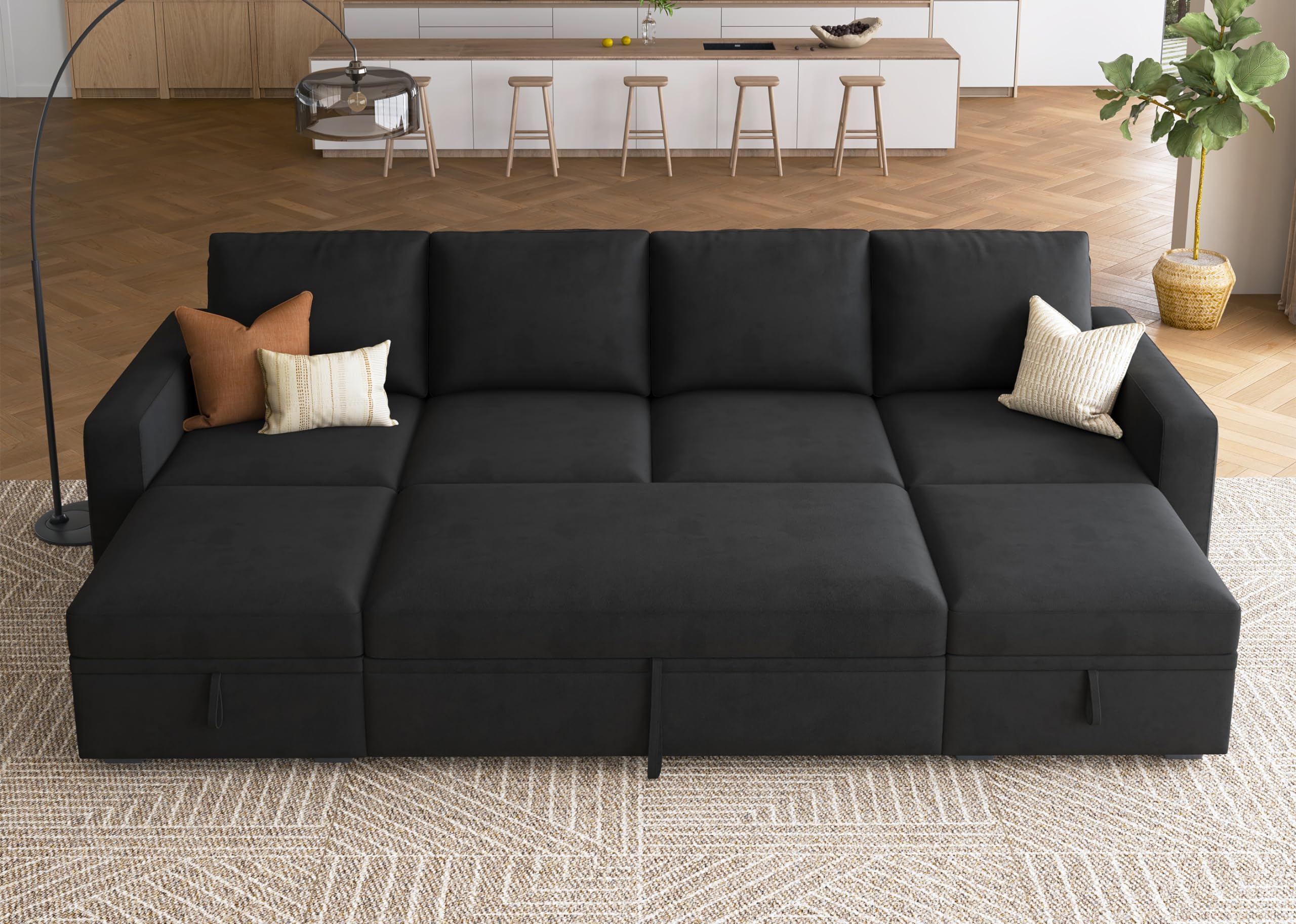 Modular Sectional Sleeper Sofa Bed, Velvet Sectional Couch with Pull Out Bed U Shaped Modular Couch with Storage Ottoman for Living Room, Black