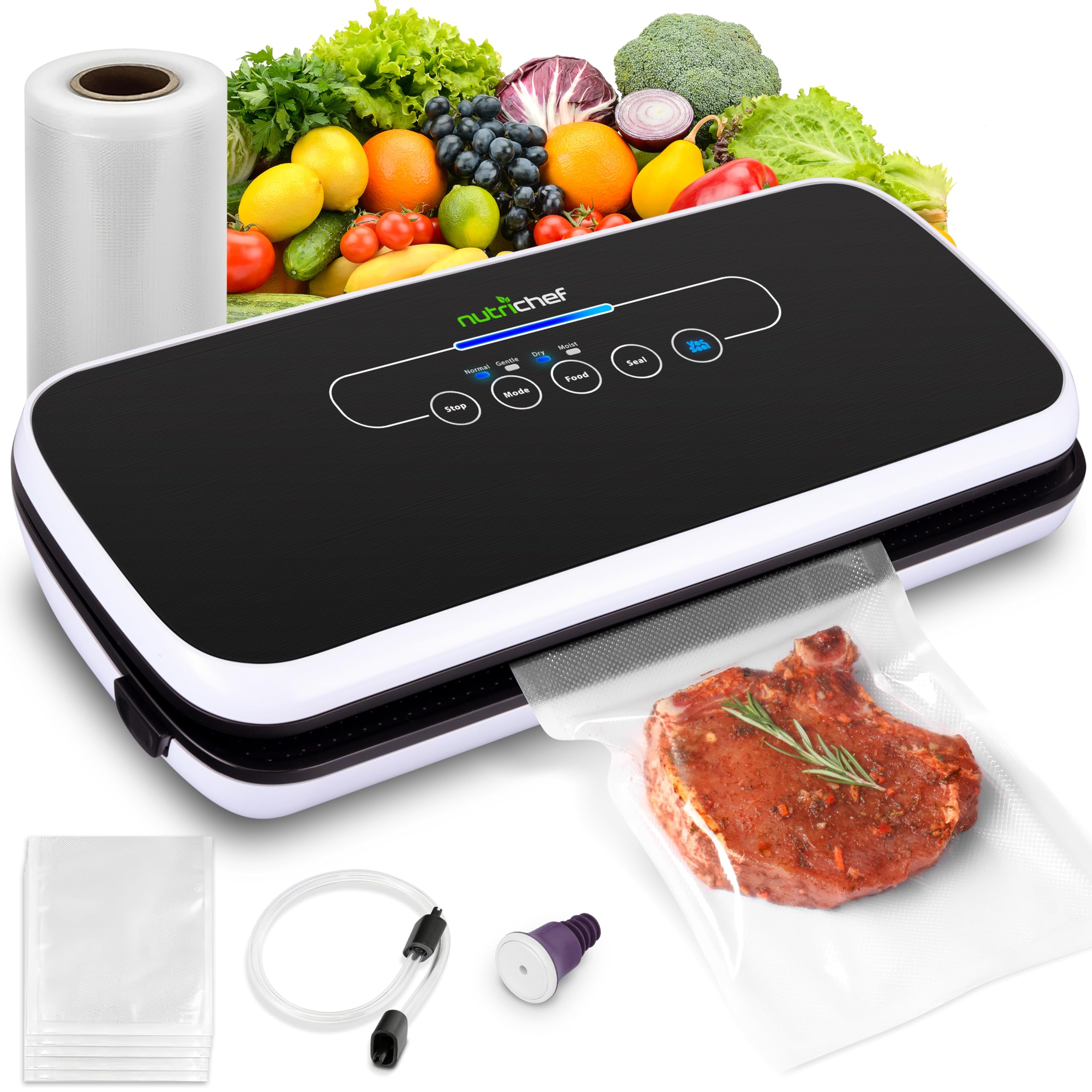 NutriChef Vakuumiergerät für Lebensmittel, Sous Vide – Vacuum Sealer – Folienschweißgerät Set inkl. Versiegelungsgerät Weinverschluss, Vakuumierer Luftsaugschlauch, 5 Vakuumbeutel & 1 Seal Vakuumrolle