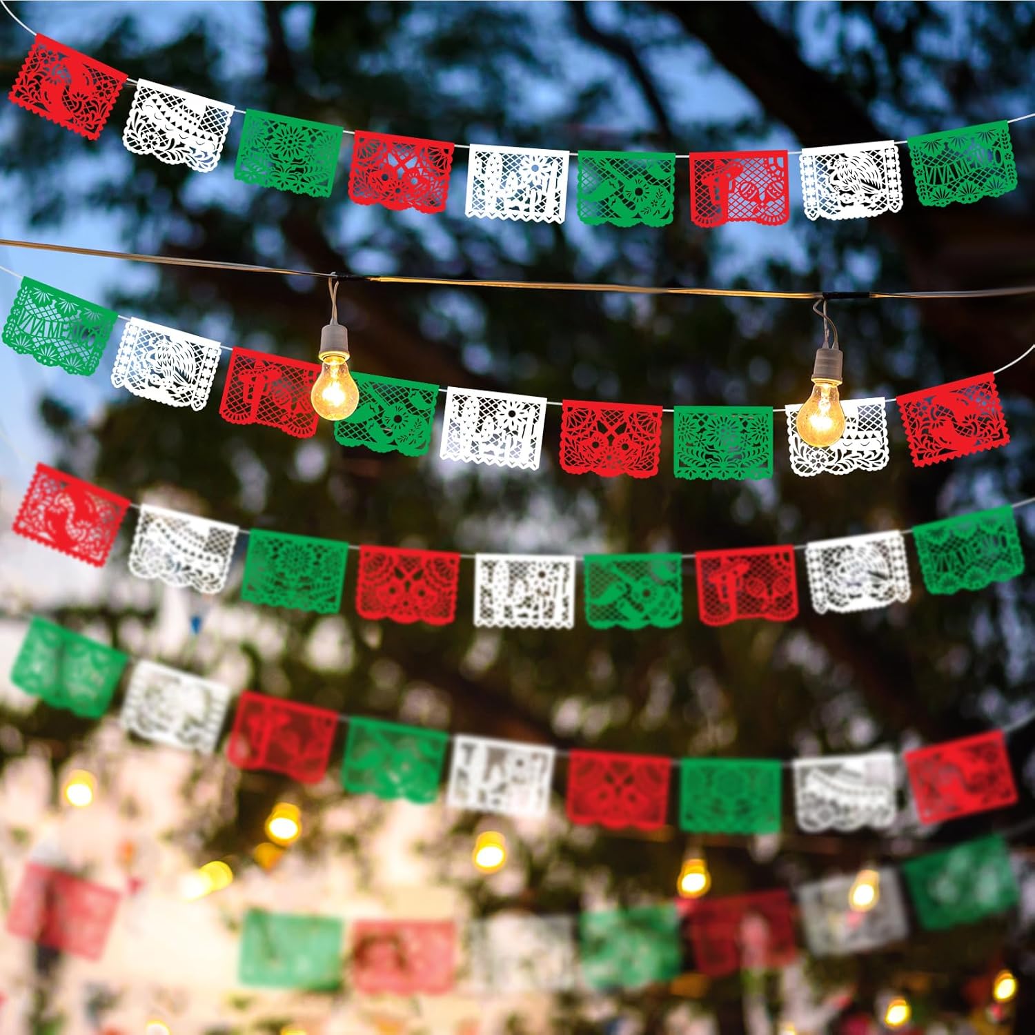 Moukeren 4 Pack Green White Red Mexican Papel Picado Banner Large Plastic Mexican Party Banner Day of The Dead Papel Picado Decorations Cinco De Mayo Dia De Los Muertos Banner Decor for Party Supplies