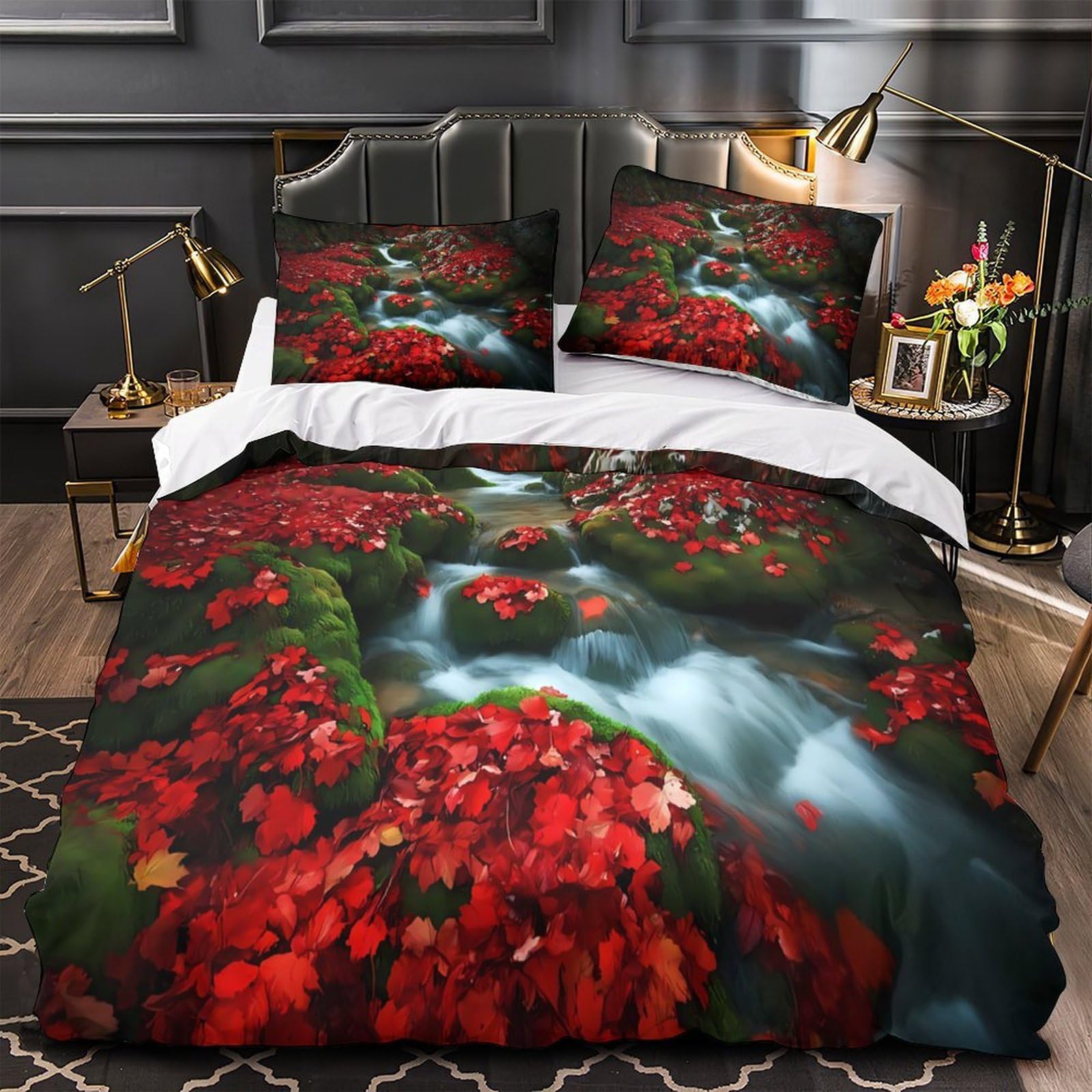 MMDASBVPE Autumn Creek Scene Duvet Cover 3D Print Premium 3 Pcs Bed Linen Hidden Zipper Comforter Cover Luxurious All Season for Kids Adults Women Teens Youth Girls Boys Double（200x200cm）