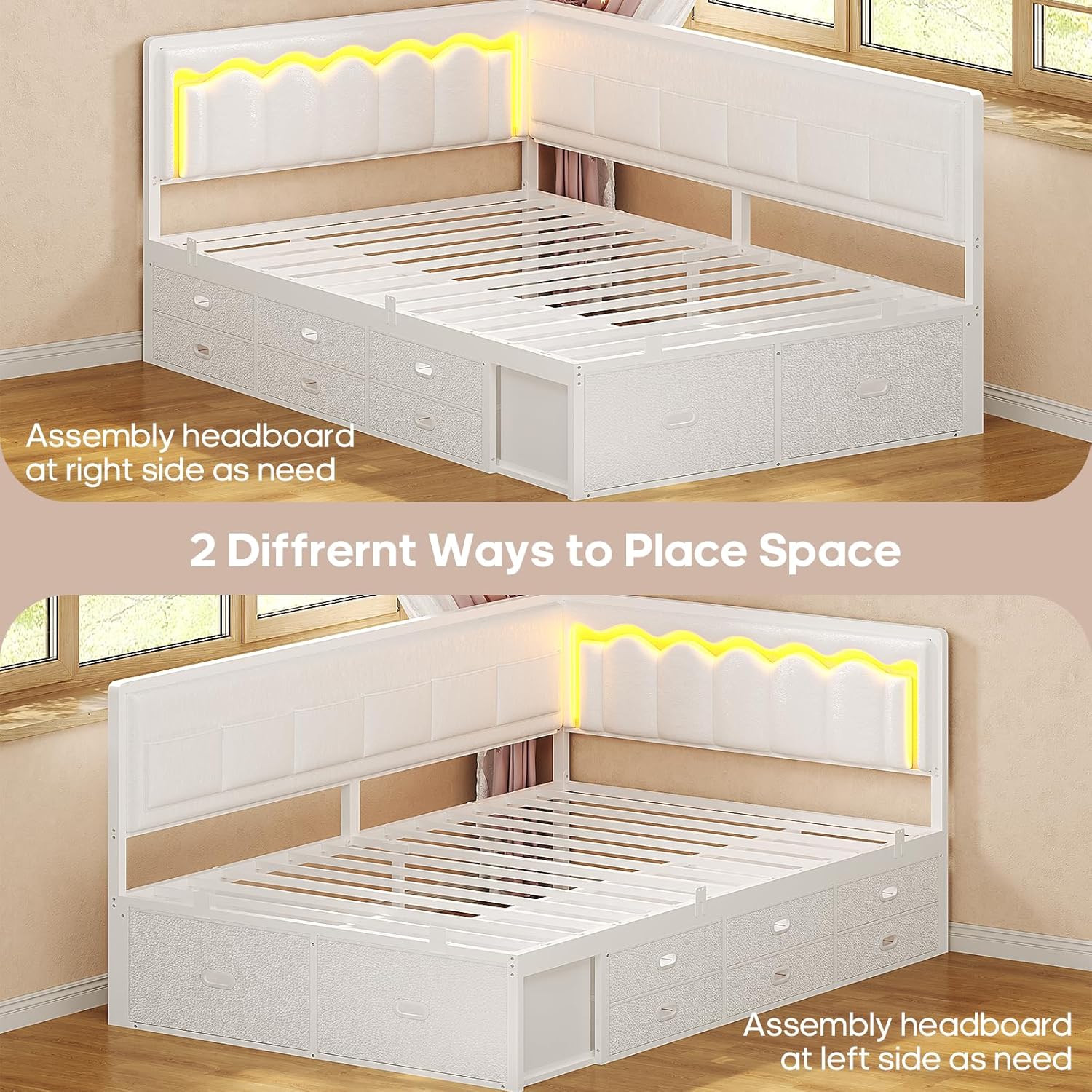 ADORNEVE Twin Corner Bed Frame with 8 Drawers, 6 Storage Pockets, Twin Daybed with Storage and RGB Wave Lights, Twin Size Platform Bed with L-Shaped Upholstered Guardrail for Kids Teen,White