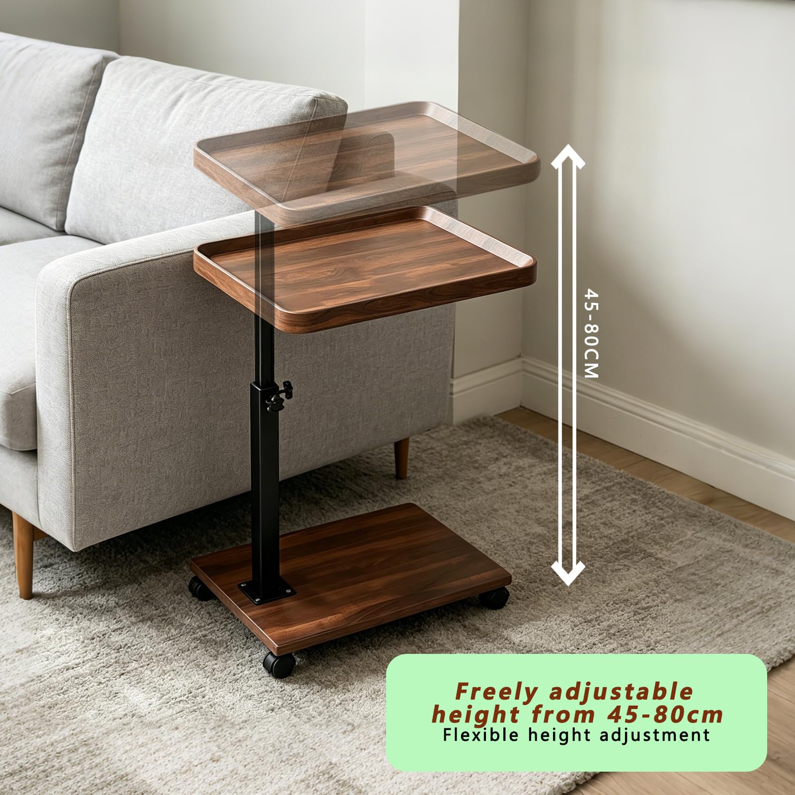 Mesa lateral ajustable con ruedas, altura 45-80 cm, tablero DM efecto madera de nogal, giratoria 360°, estructura de metal resistente, para sofá, cama, sillón, lectura, trabajo, bebidas