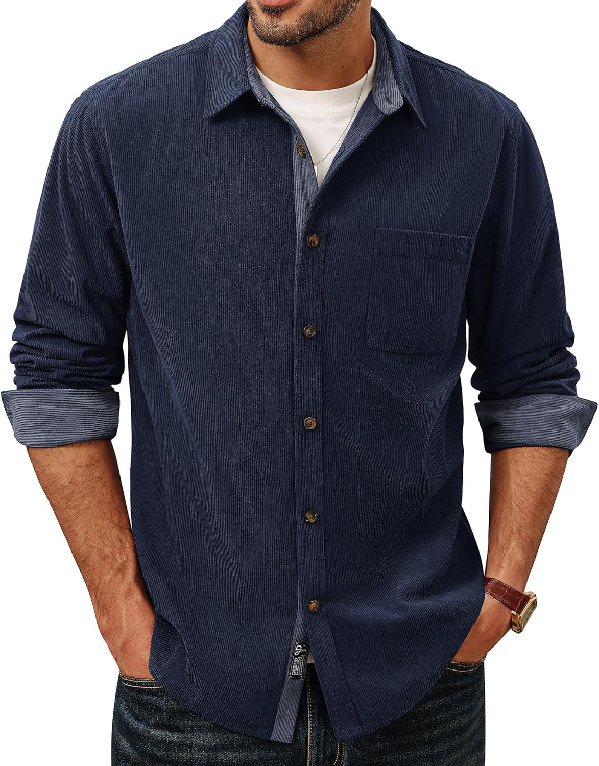 PJ PAUL JONES Men's Corduroy Button Down Shirt Long Sleeve Casual Collared Wrinkle Free Untucked Shirts with Pocket