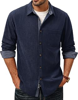 Men's Corduroy Button Down Shirt Long Sleeve Casual Collared Wrinkle Free Untucked Shirts with Pocket
