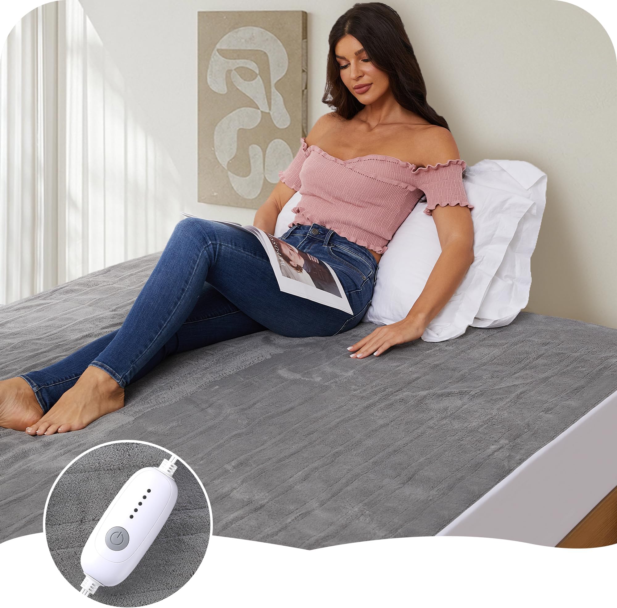 MASVIS Full Size Heated Mattress Pad - Quilted Electric Bed Warmer With 9 Heat Settings & Auto Shut-Off