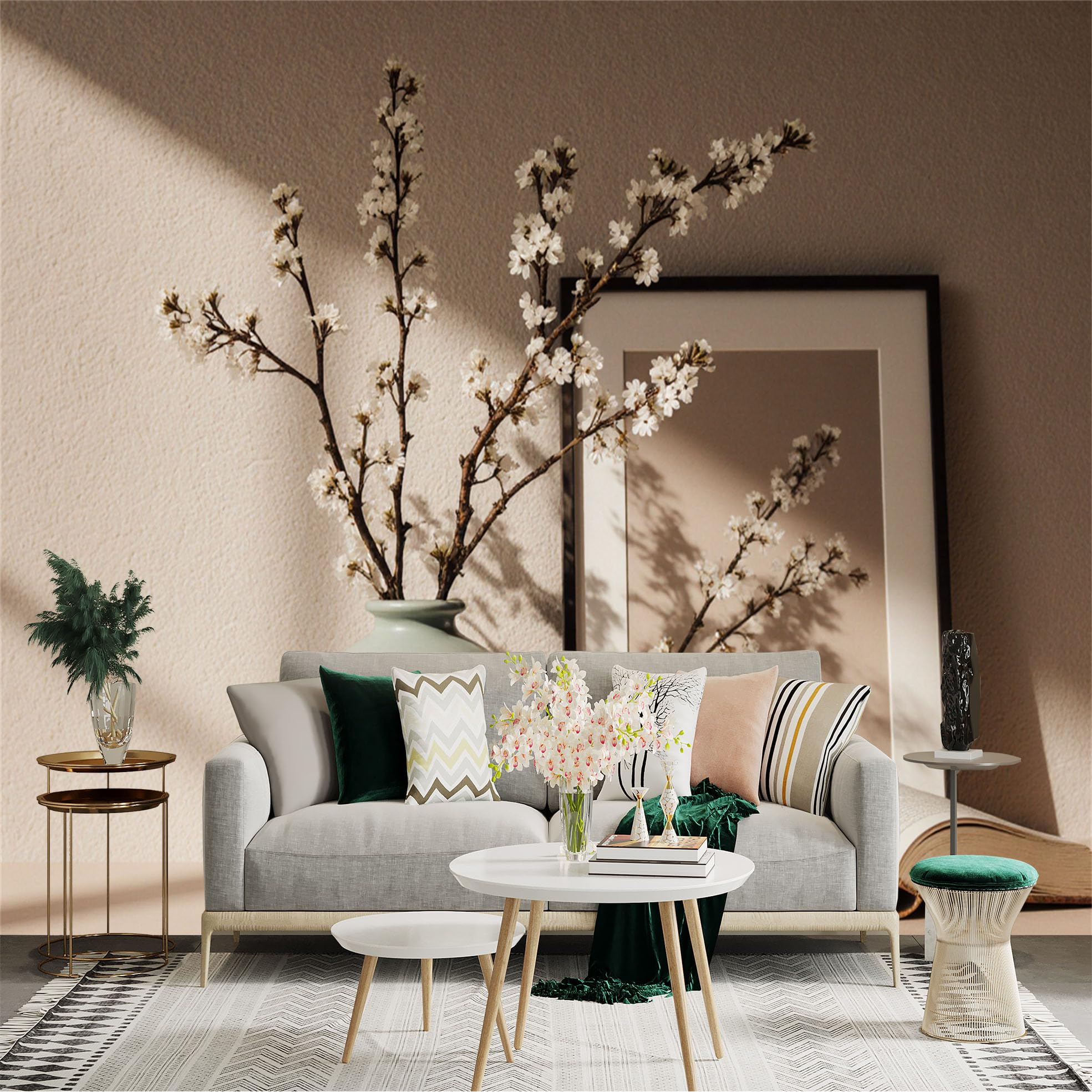 Custom Size Wall Sticker Mural， White Blossoming Branches in Vase， Minimalist Aesthetic Still Life， Elegant Home Decor， for wall Decoration， peelandstick wall Decals.