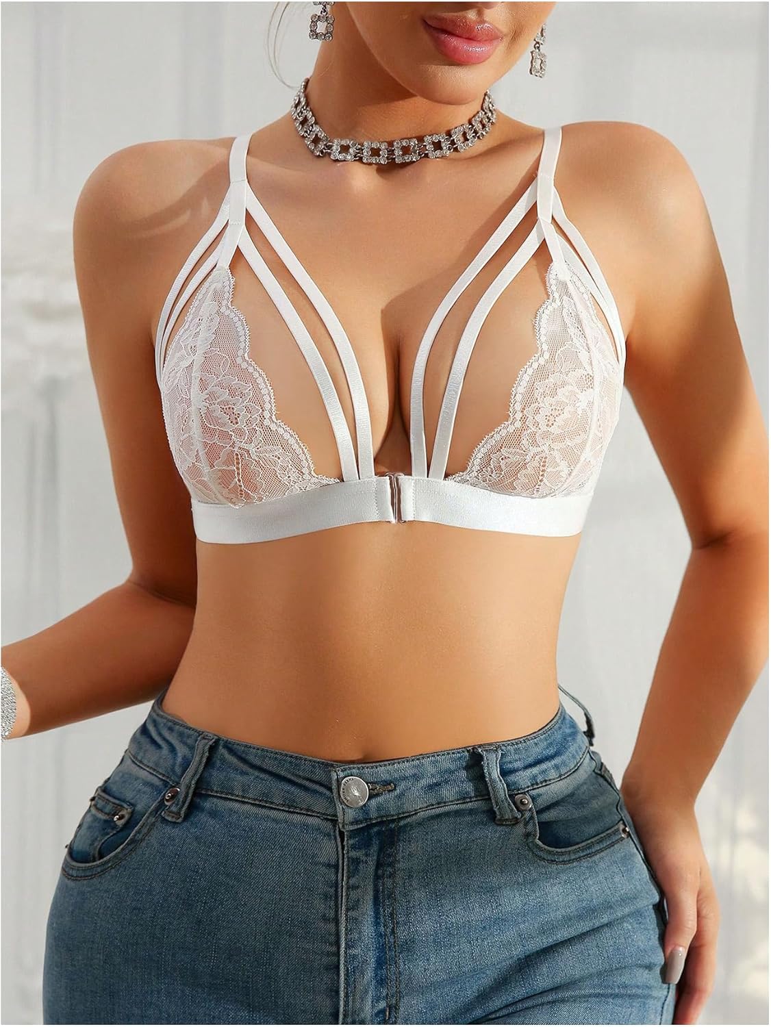 SOLY HUX Women's Lace Bralette Front Closure Bras Wireless Cutout Deep V Triangle Sexy Lace Bra - Image 4