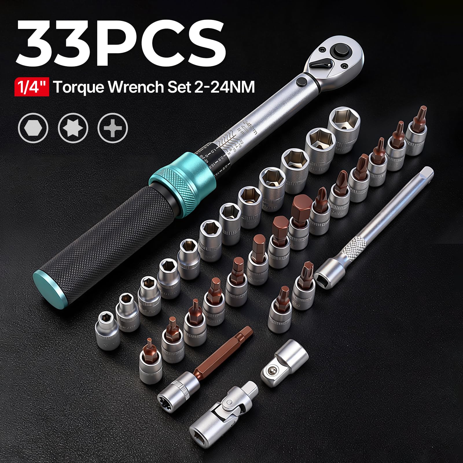 BLUEMARS Set di 33 chiavi dinamometriche da 0,6 cm, 2-24 Nm, piccolo strumento di riparazione per biciclette con cricchetto a 72 denti, precisione ± 3%, include barra di estensione e punte in acciaio