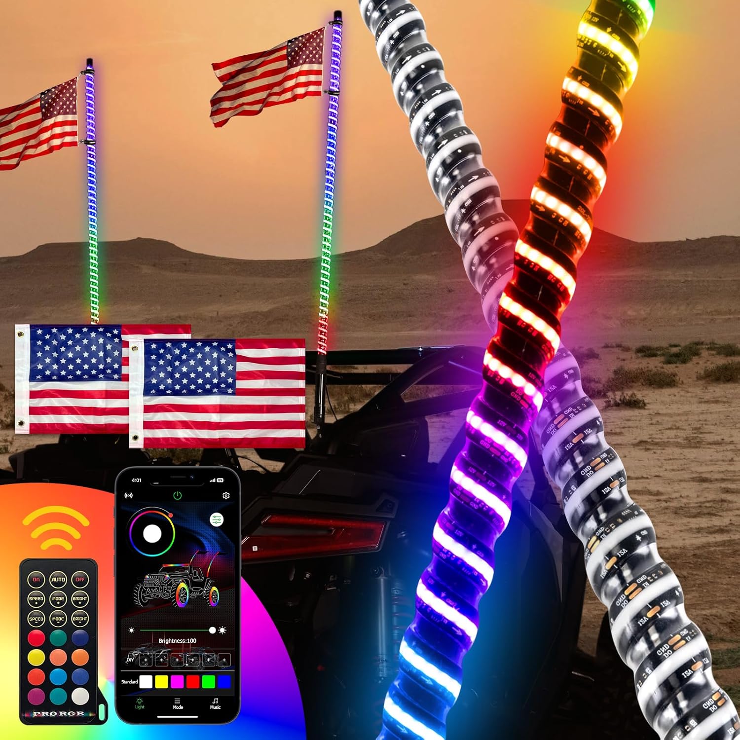 WeiSen 2PCS 4FT Whip Lights, COB LED Whip Lights for Side by Side w/Brake Turn Reverse Light, RGB LED Antenna Spiral Light w/300 Colors & Modes fit Polaris RZR Maverick X3 Talon UTV ATV